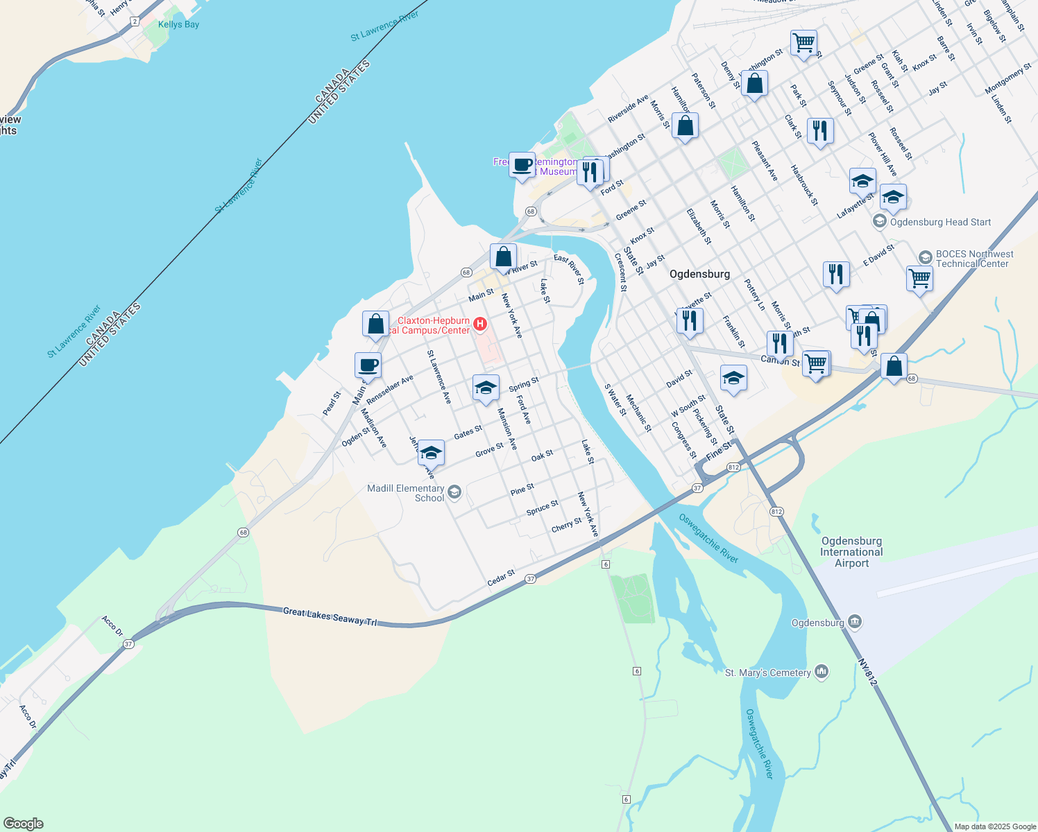 map of restaurants, bars, coffee shops, grocery stores, and more near 204 Gates St in Ogdensburg