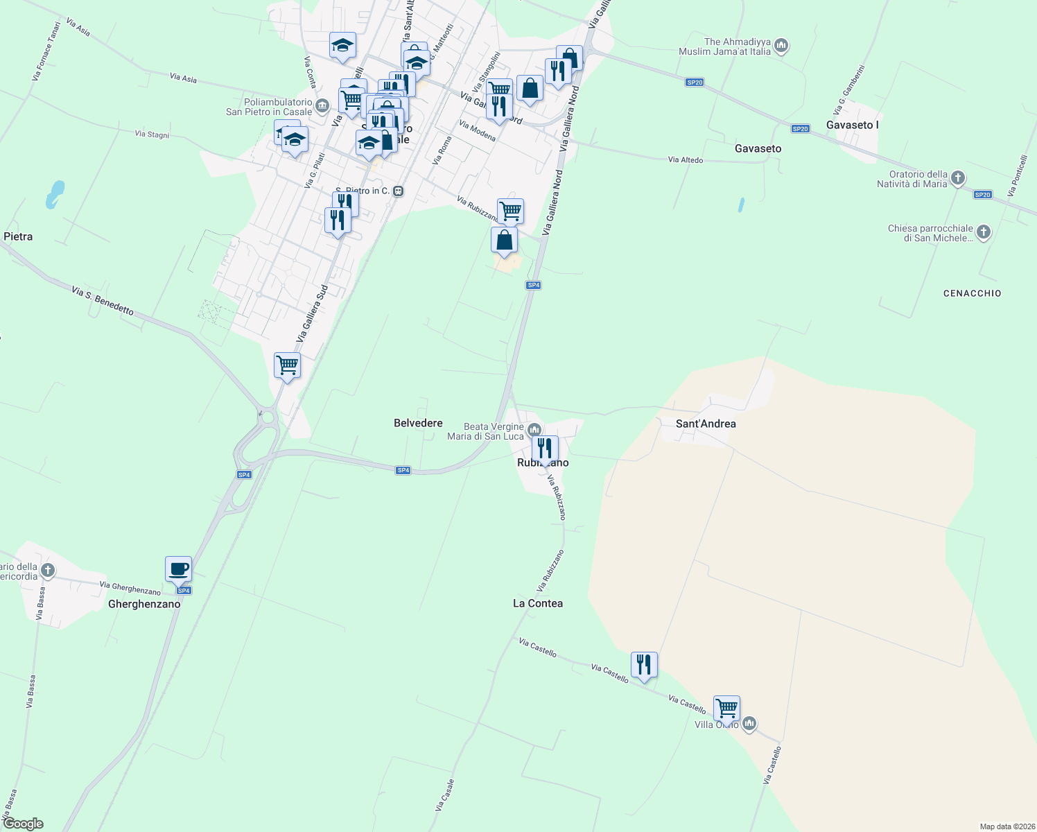 map of restaurants, bars, coffee shops, grocery stores, and more near 1530 Via Rubizzano in Rubizzano