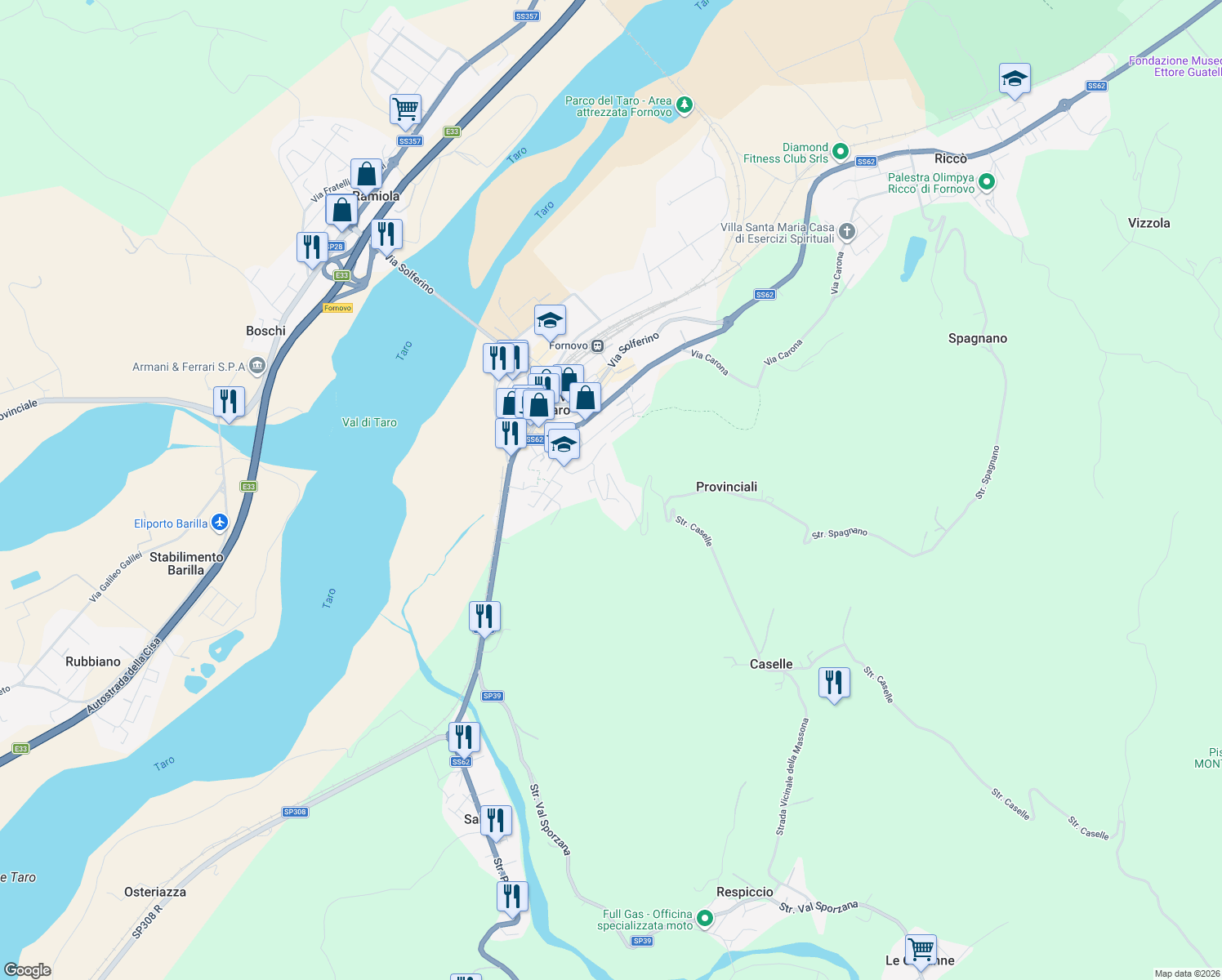 map of restaurants, bars, coffee shops, grocery stores, and more near 54 Via Guglielmo Marconi in Fornovo di Taro