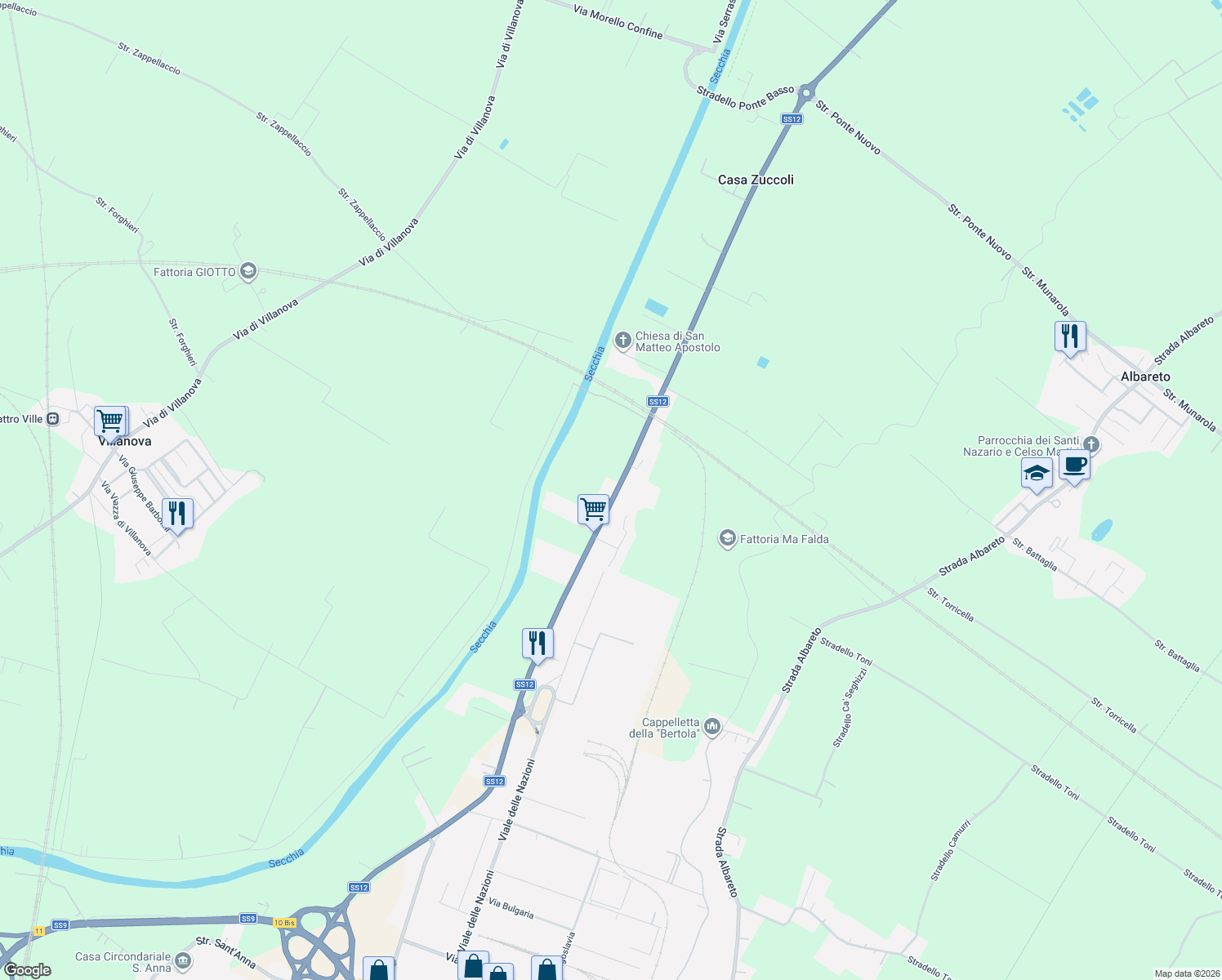 map of restaurants, bars, coffee shops, grocery stores, and more near 801 Strada Canaletto Nord in Modena