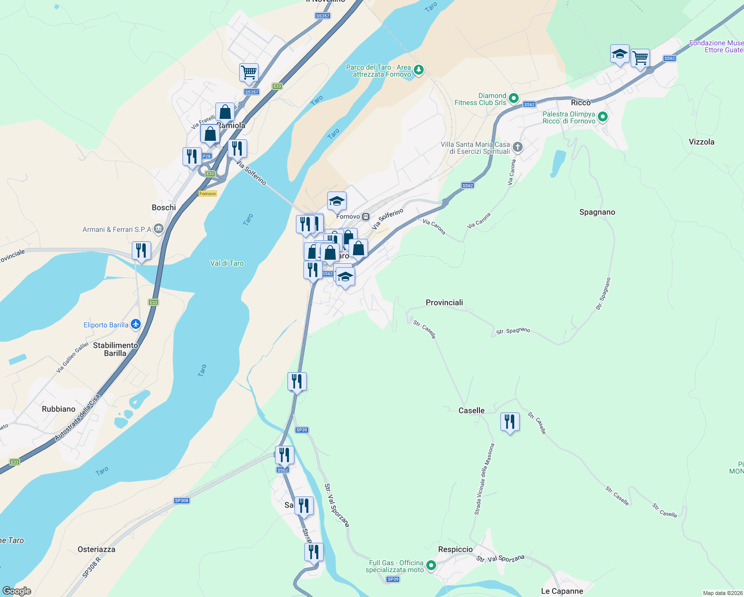 map of restaurants, bars, coffee shops, grocery stores, and more near 8 Via Renzo Pezzani in Fornovo di Taro