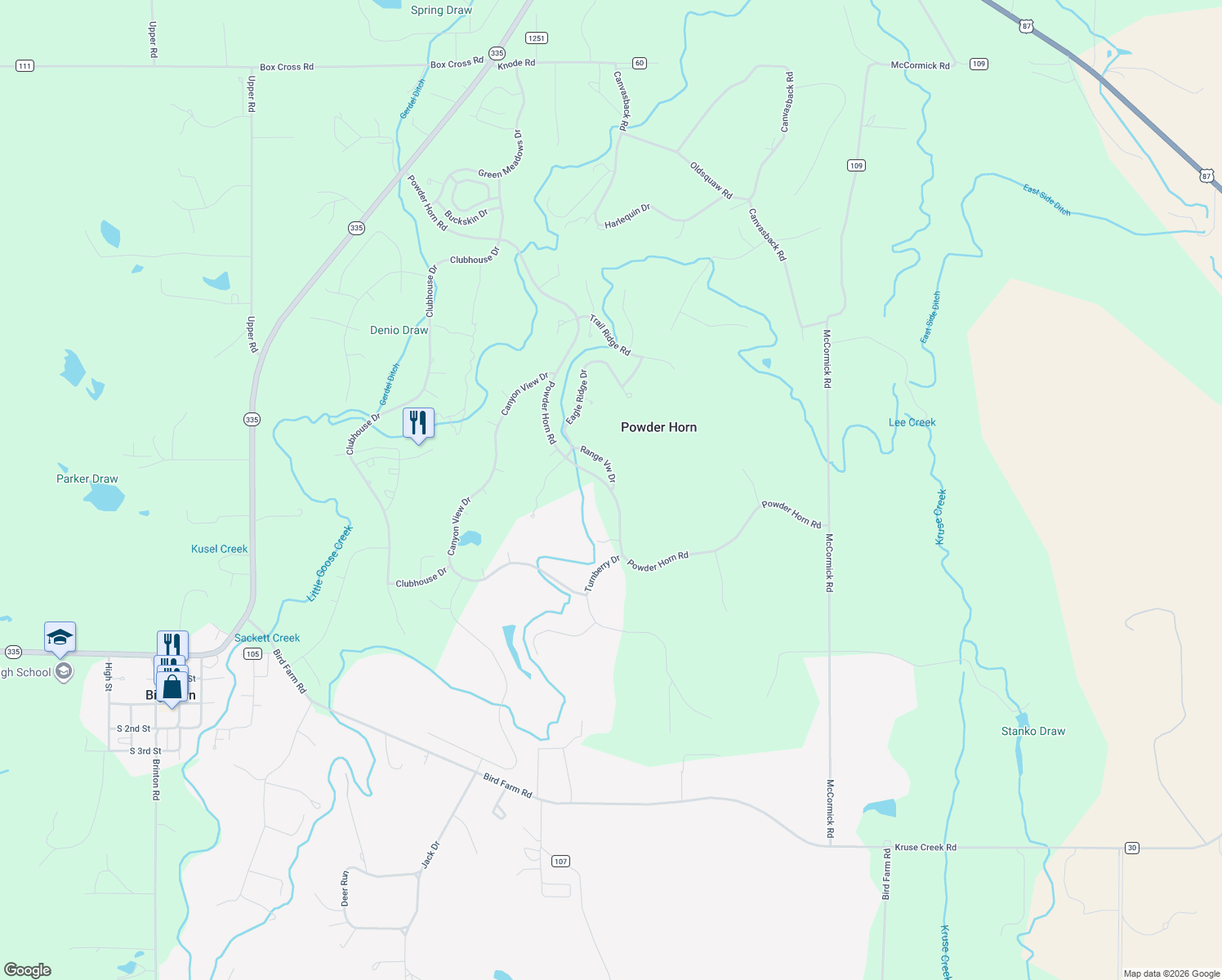 map of restaurants, bars, coffee shops, grocery stores, and more near Powder Horn Road in Sheridan County