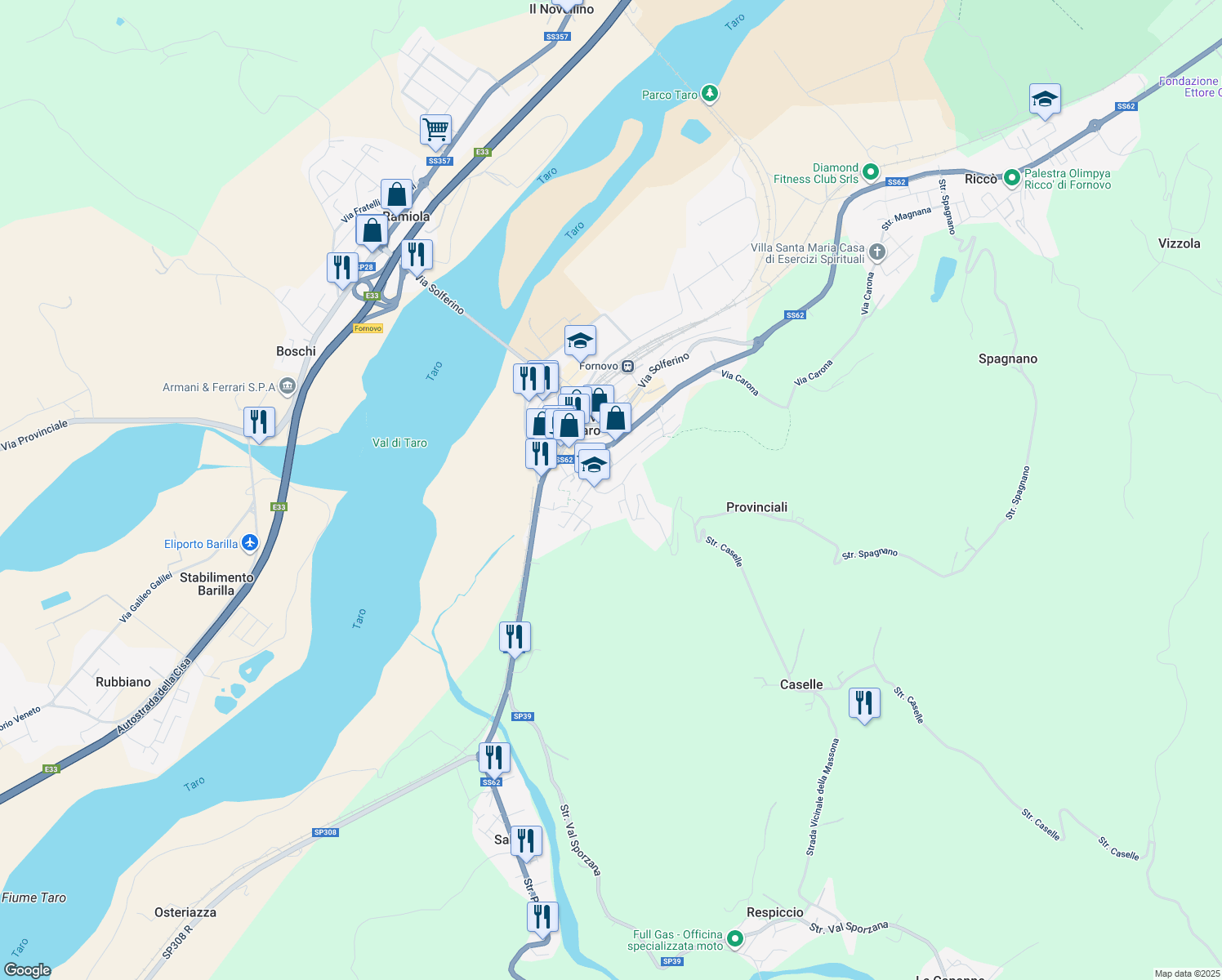 map of restaurants, bars, coffee shops, grocery stores, and more near 23 Via Guglielmo Marconi in Fornovo di Taro