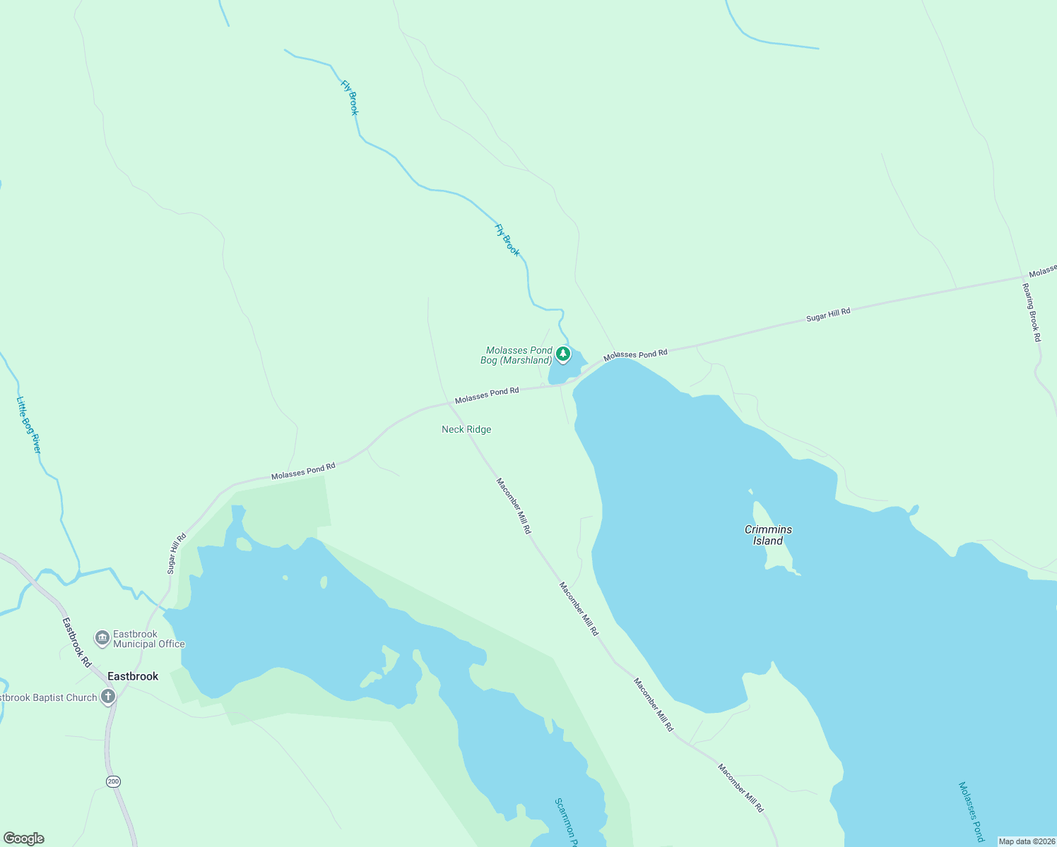 map of restaurants, bars, coffee shops, grocery stores, and more near Molasses Pond Road in Eastbrook