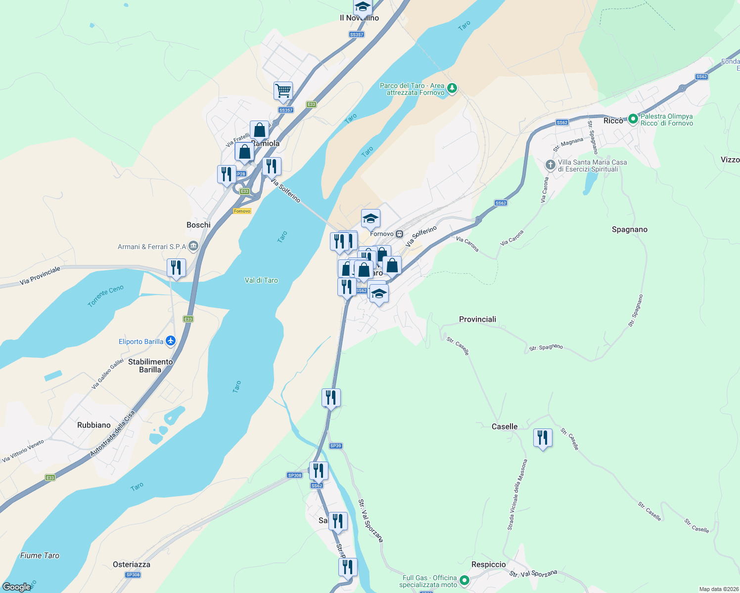 map of restaurants, bars, coffee shops, grocery stores, and more near 2 Piazza Libertà in Fornovo di Taro