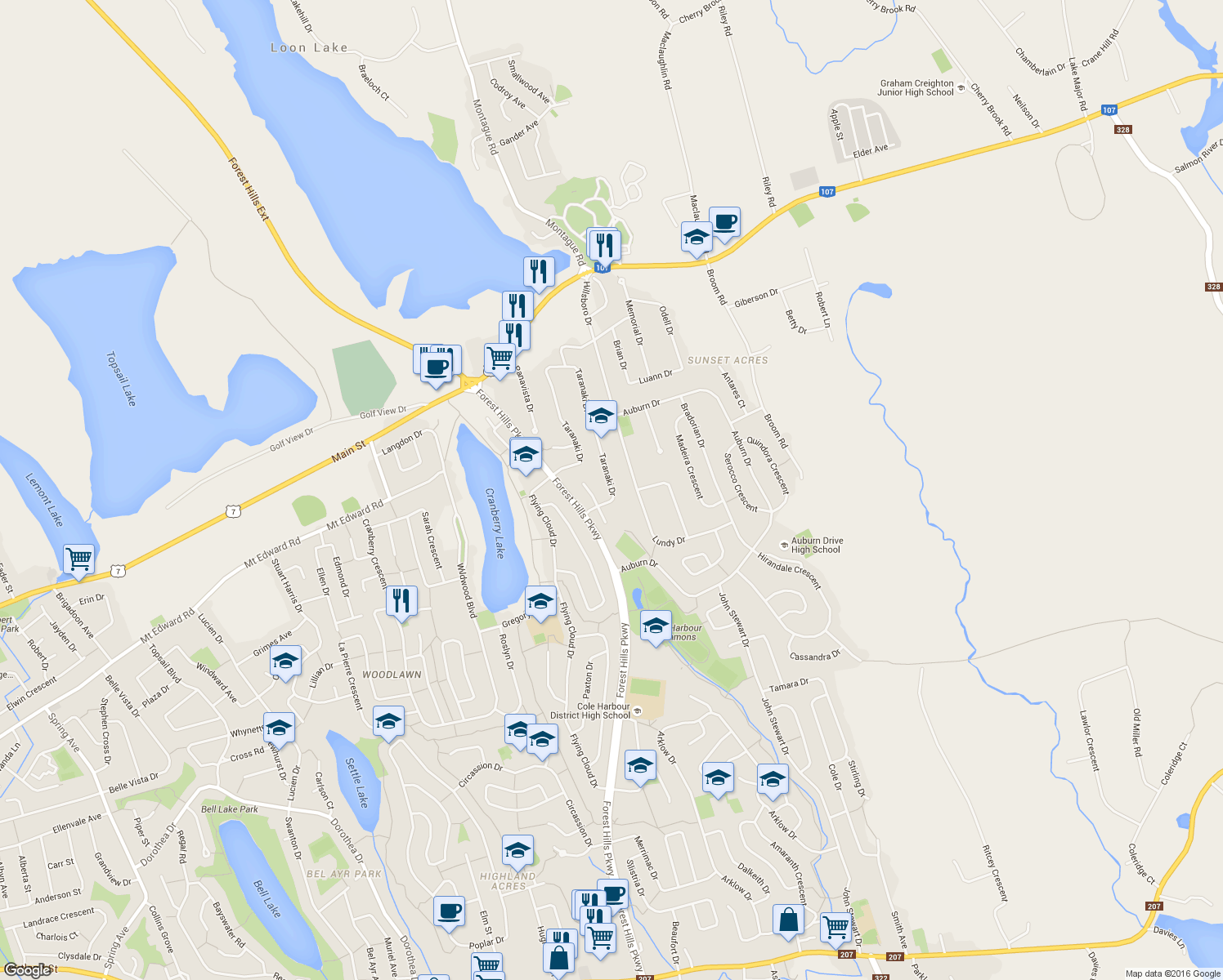 map of restaurants, bars, coffee shops, grocery stores, and more near 40 Taranaki Drive in Dartmouth