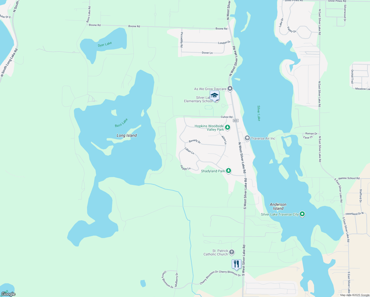 map of restaurants, bars, coffee shops, grocery stores, and more near 6272 Peggy Ln in Traverse City