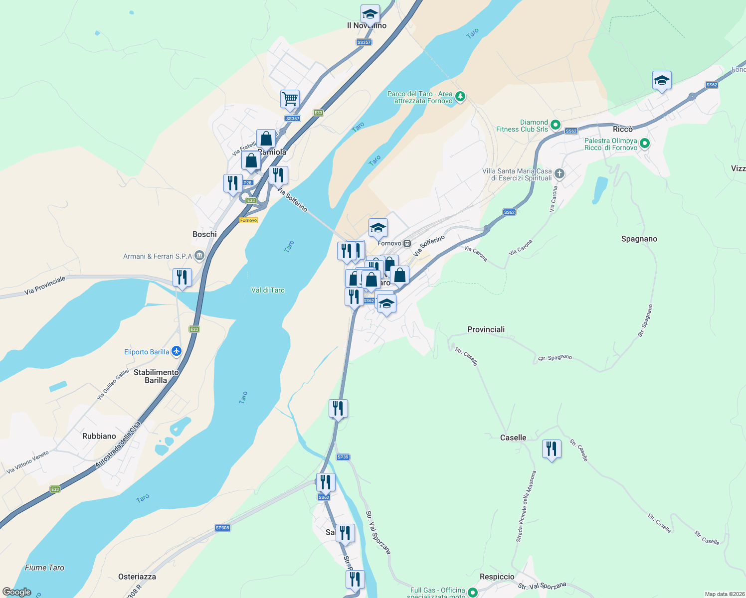 map of restaurants, bars, coffee shops, grocery stores, and more near 2 Via Giuseppe Verdi in Fornovo di Taro