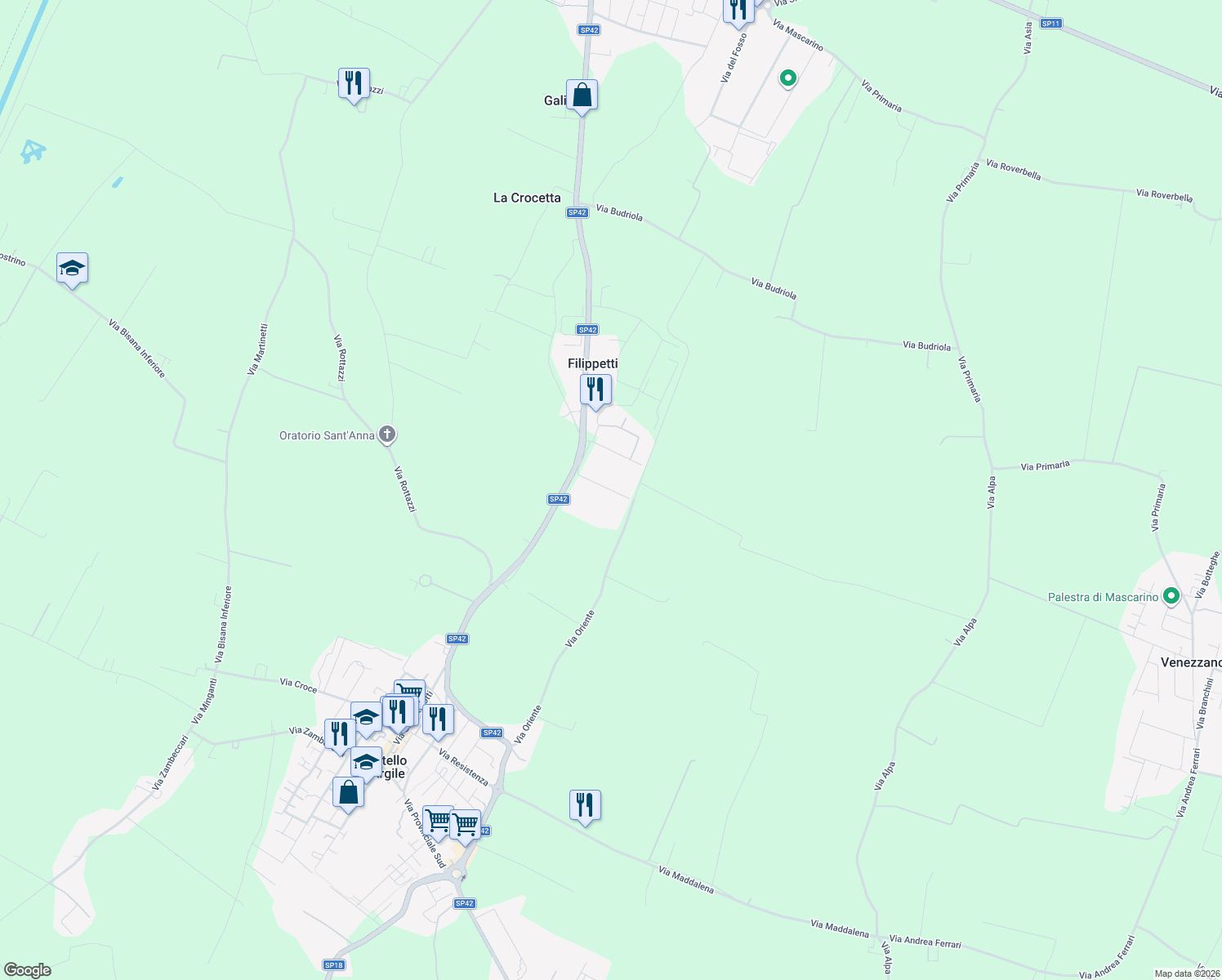 map of restaurants, bars, coffee shops, grocery stores, and more near 35 D Via Provinciale Nord in Filippetti