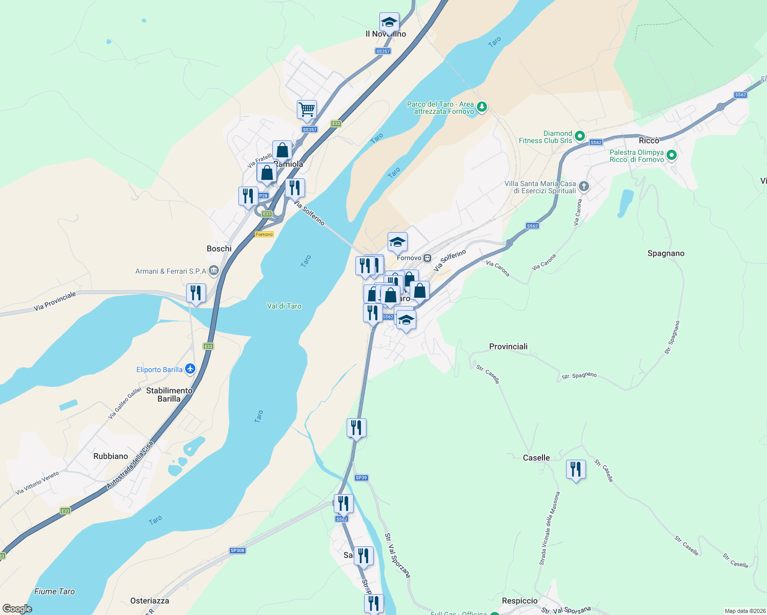 map of restaurants, bars, coffee shops, grocery stores, and more near 5 Via XXIV Maggio in Fornovo di Taro