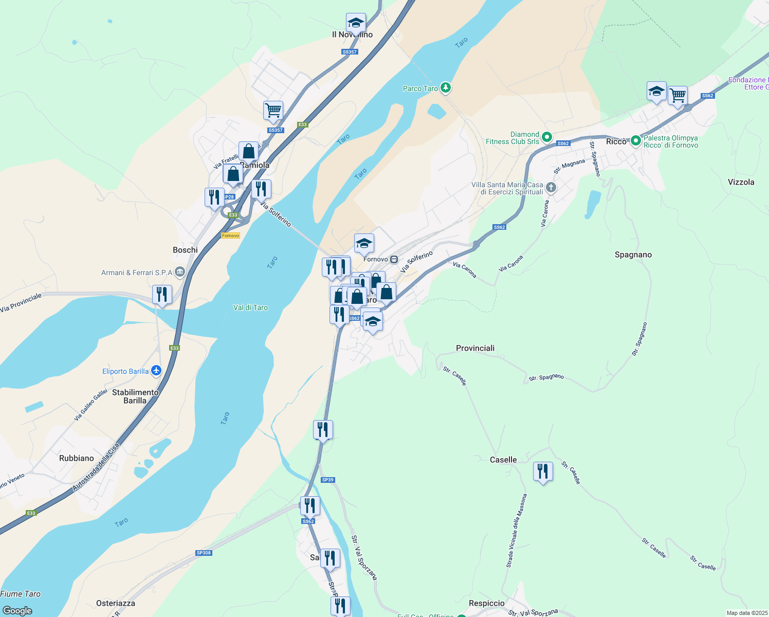 map of restaurants, bars, coffee shops, grocery stores, and more near 46 Via Nazionale in Fornovo di Taro