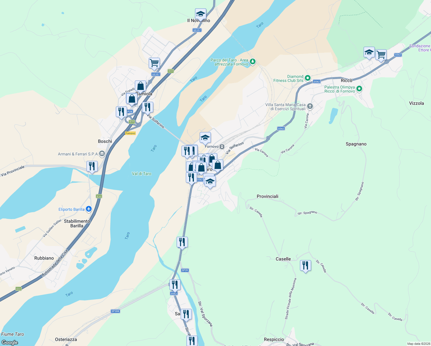 map of restaurants, bars, coffee shops, grocery stores, and more near 46 Via Nazionale in Fornovo di Taro