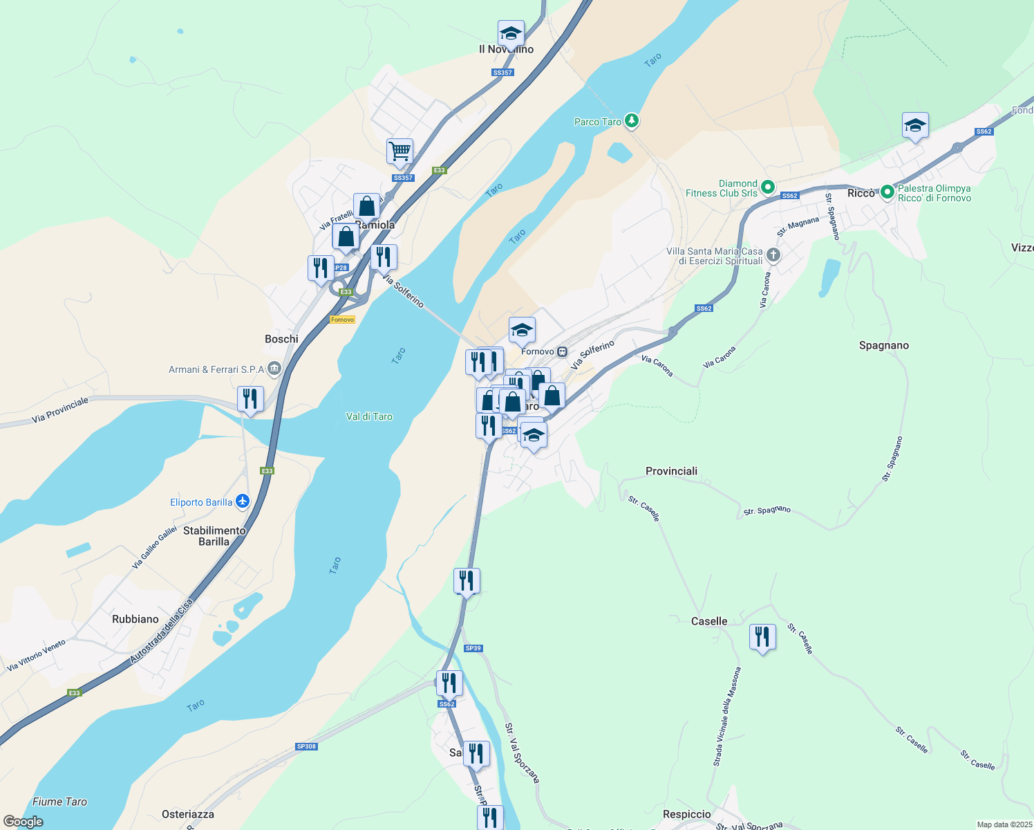 map of restaurants, bars, coffee shops, grocery stores, and more near 2 Via Giuseppe Verdi in Fornovo di Taro