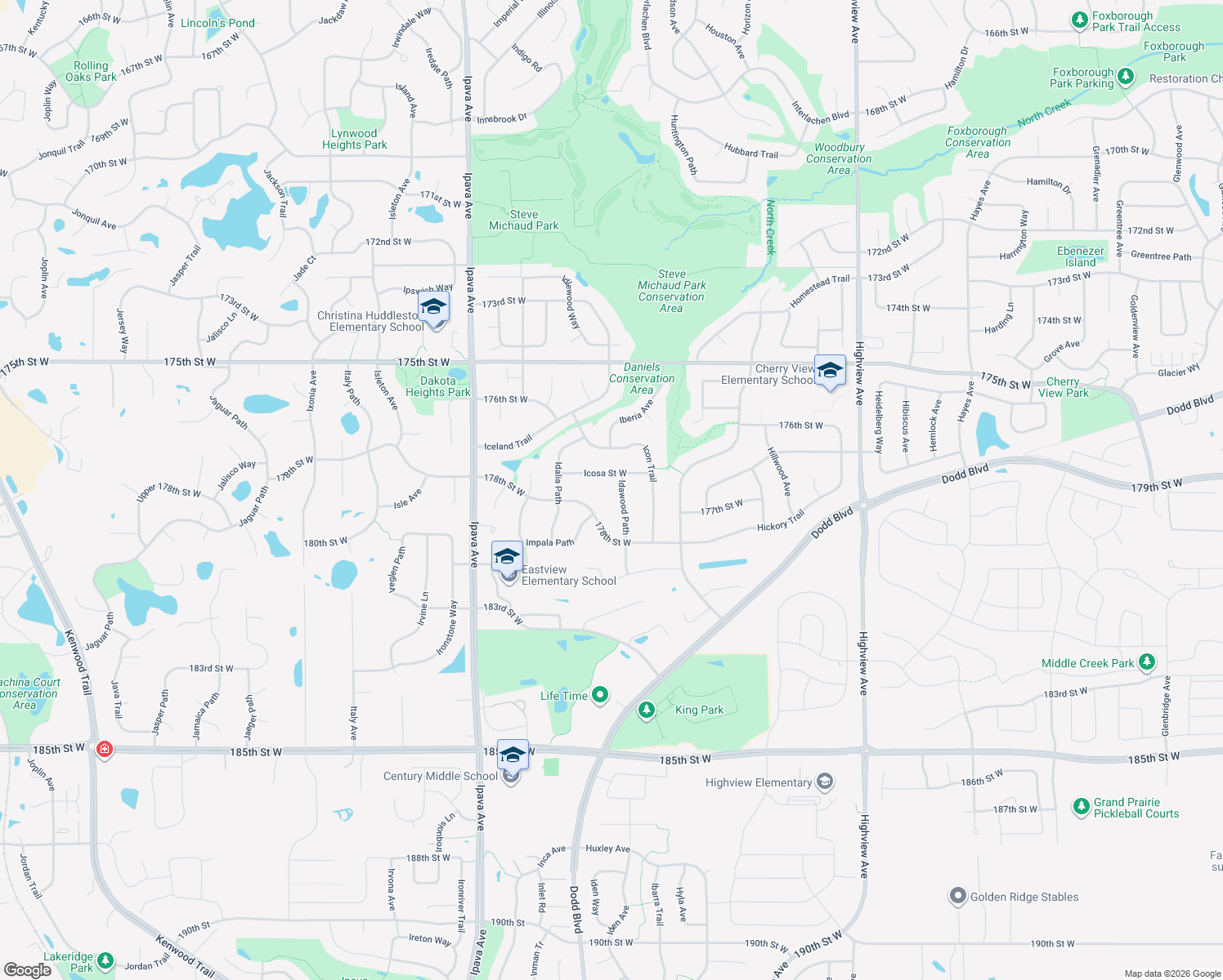 map of restaurants, bars, coffee shops, grocery stores, and more near 17783 Idawood Path in Lakeville