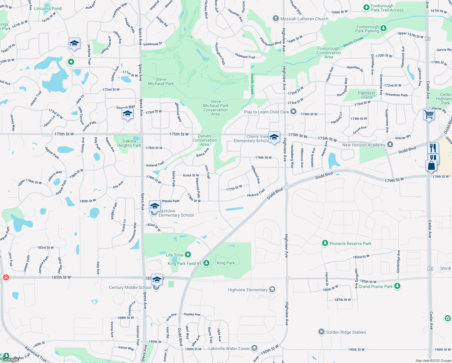 map of restaurants, bars, coffee shops, grocery stores, and more near 17807 Hollybrook Trail in Lakeville