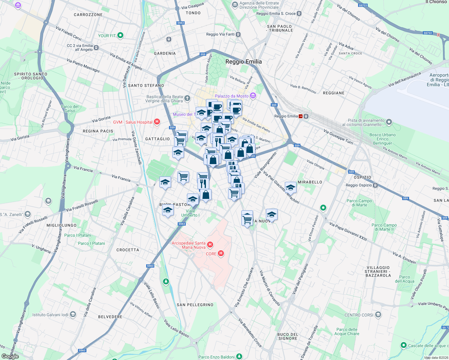 map of restaurants, bars, coffee shops, grocery stores, and more near 4 Via Rainero Taddei in Reggio Emilia