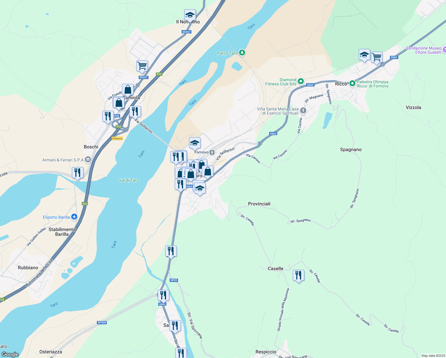 map of restaurants, bars, coffee shops, grocery stores, and more near 7 Via Partigiani D'Italia in Fornovo di Taro