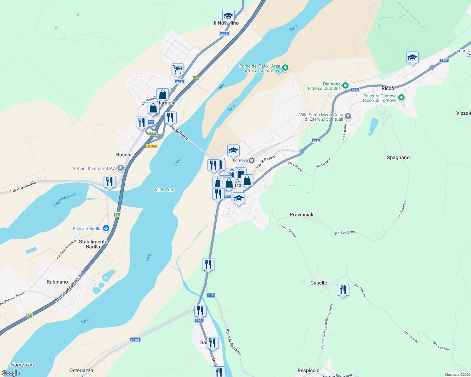 map of restaurants, bars, coffee shops, grocery stores, and more near 2 Via Giuseppe Verdi in Fornovo di Taro