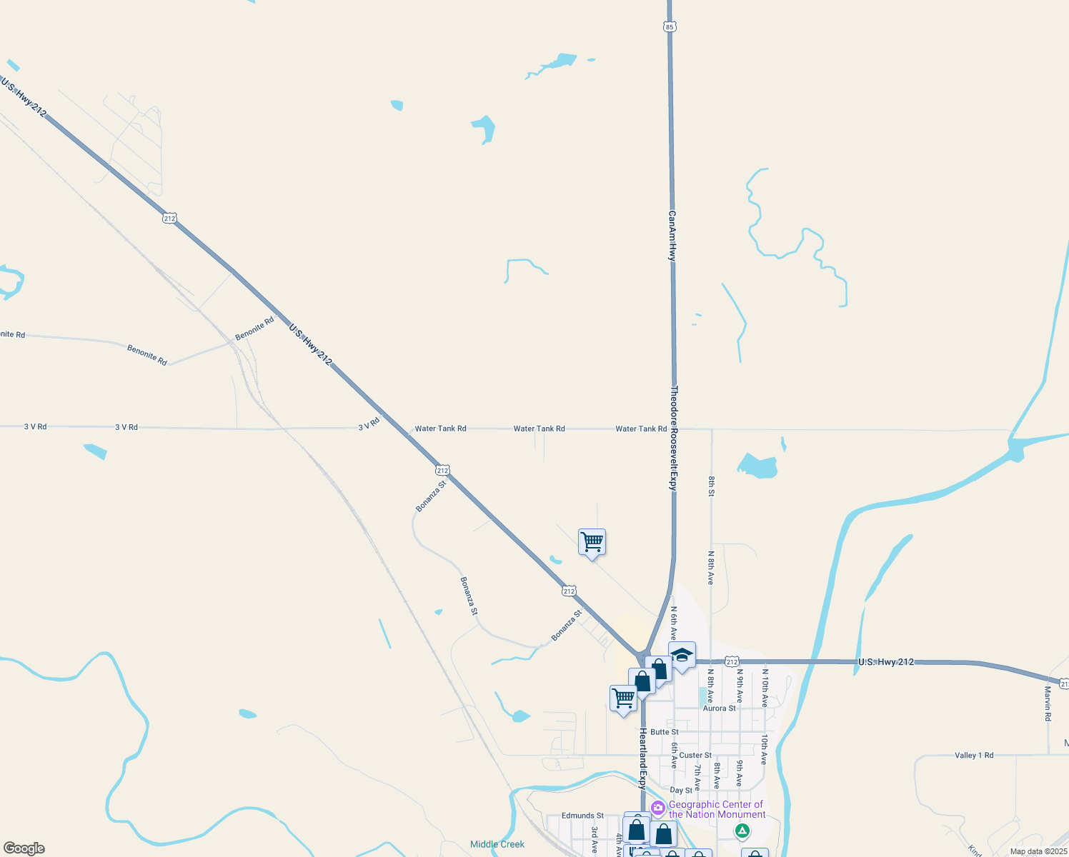 map of restaurants, bars, coffee shops, grocery stores, and more near Water Tank Road in Belle Fourche