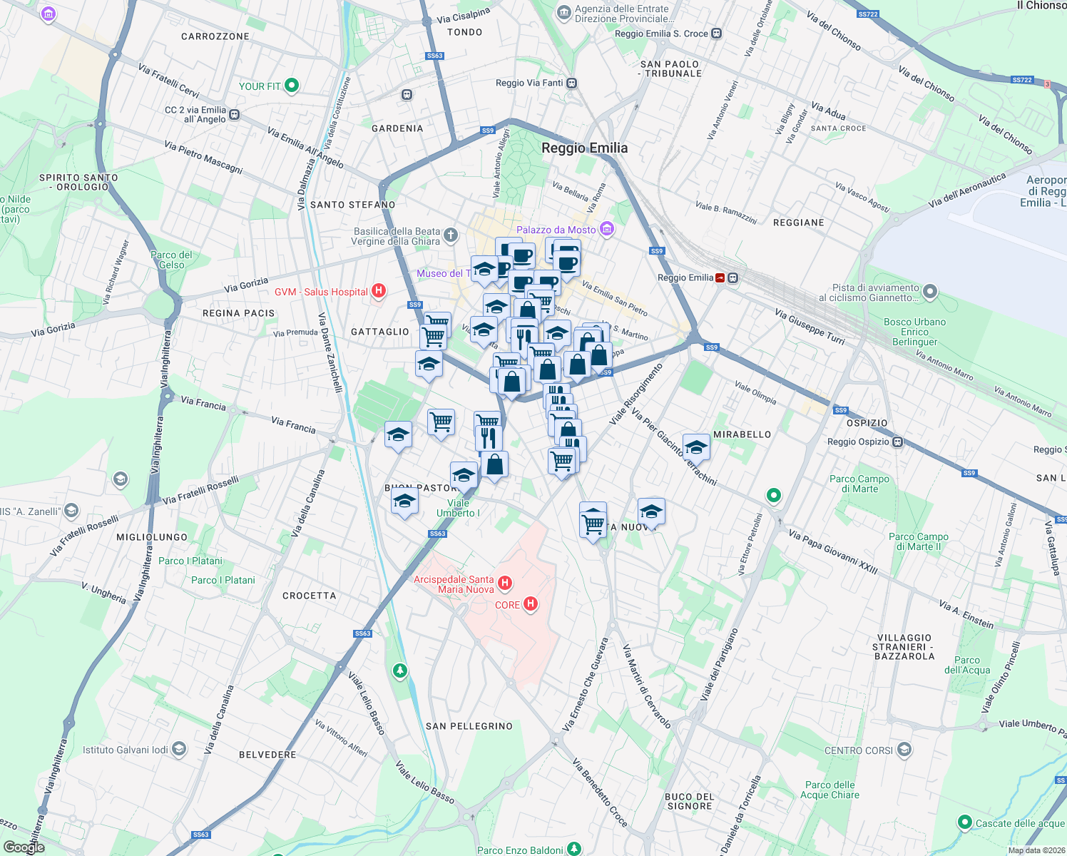 map of restaurants, bars, coffee shops, grocery stores, and more near 4 Via Taddei in Reggio Emilia