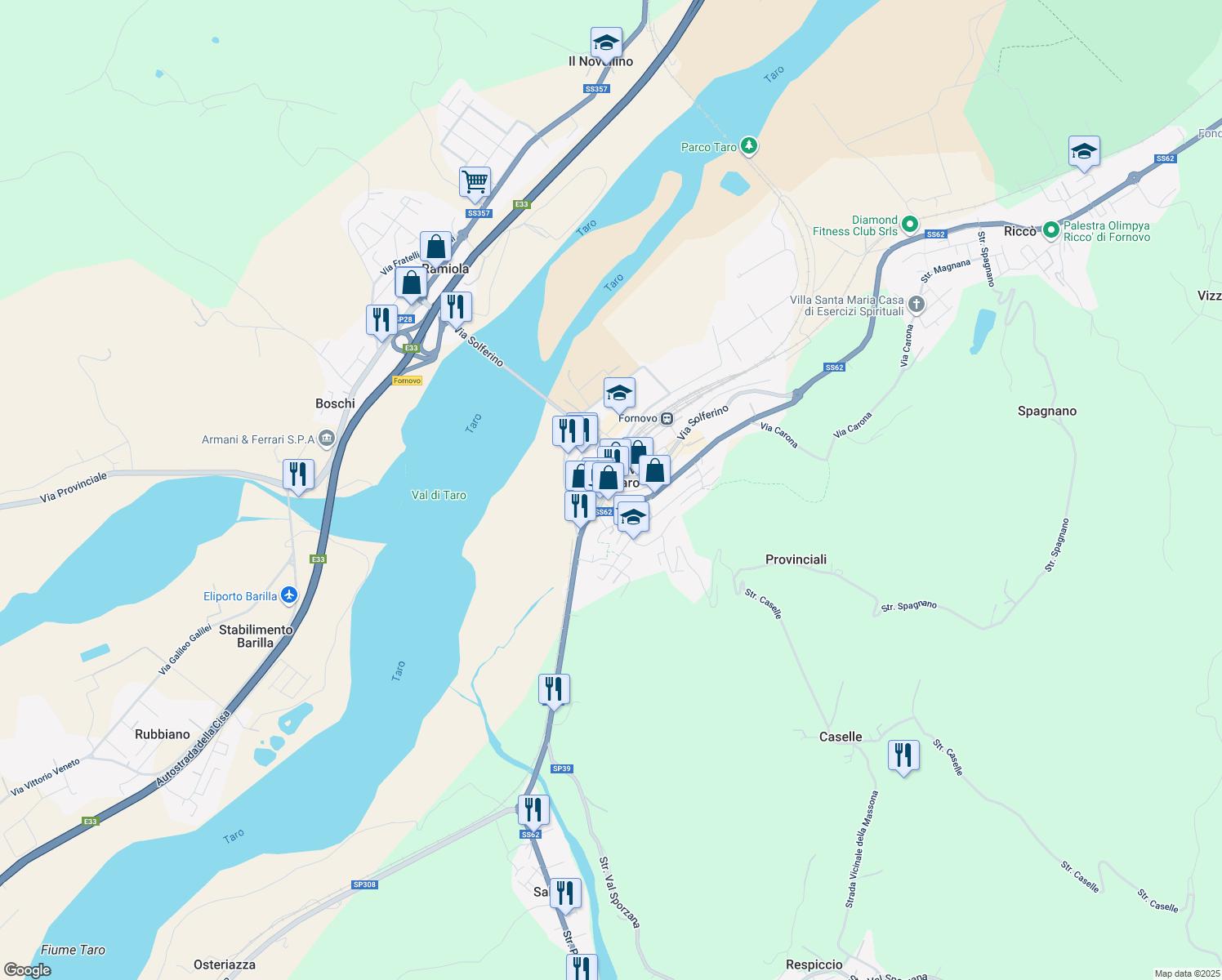map of restaurants, bars, coffee shops, grocery stores, and more near 2 Via Giuseppe Verdi in Fornovo di Taro