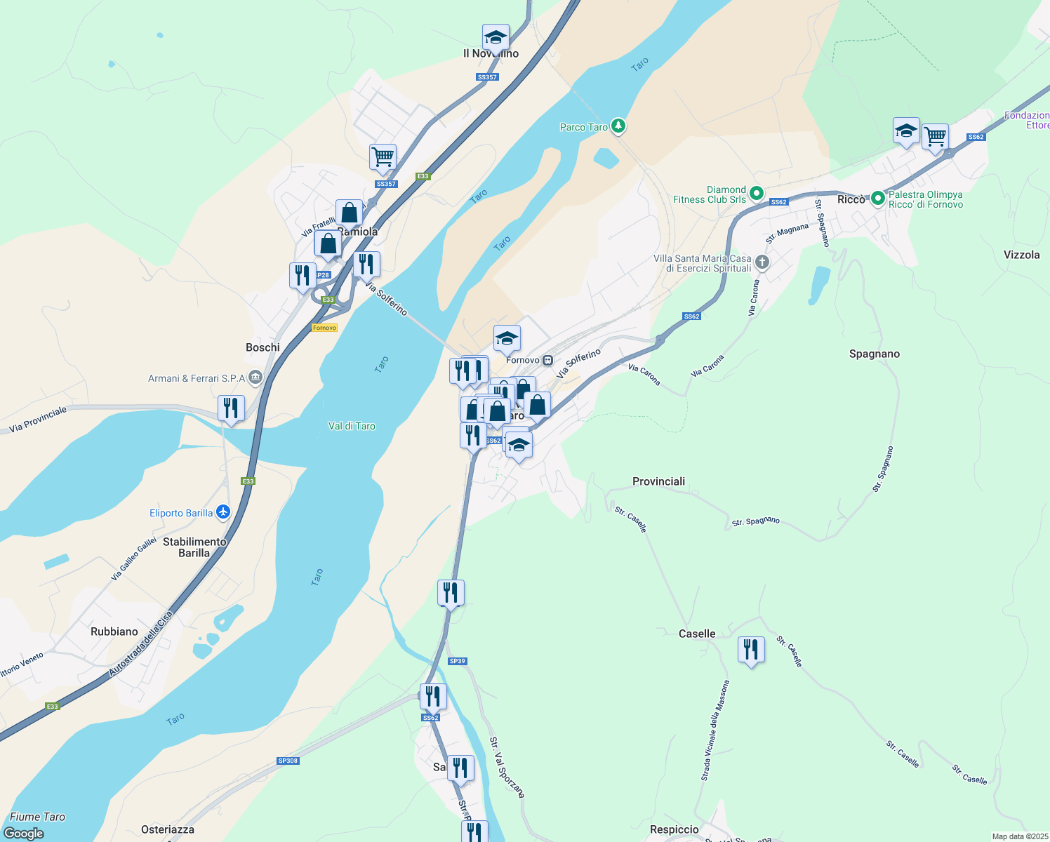 map of restaurants, bars, coffee shops, grocery stores, and more near 13 Via Giuseppe Verdi in Fornovo di Taro
