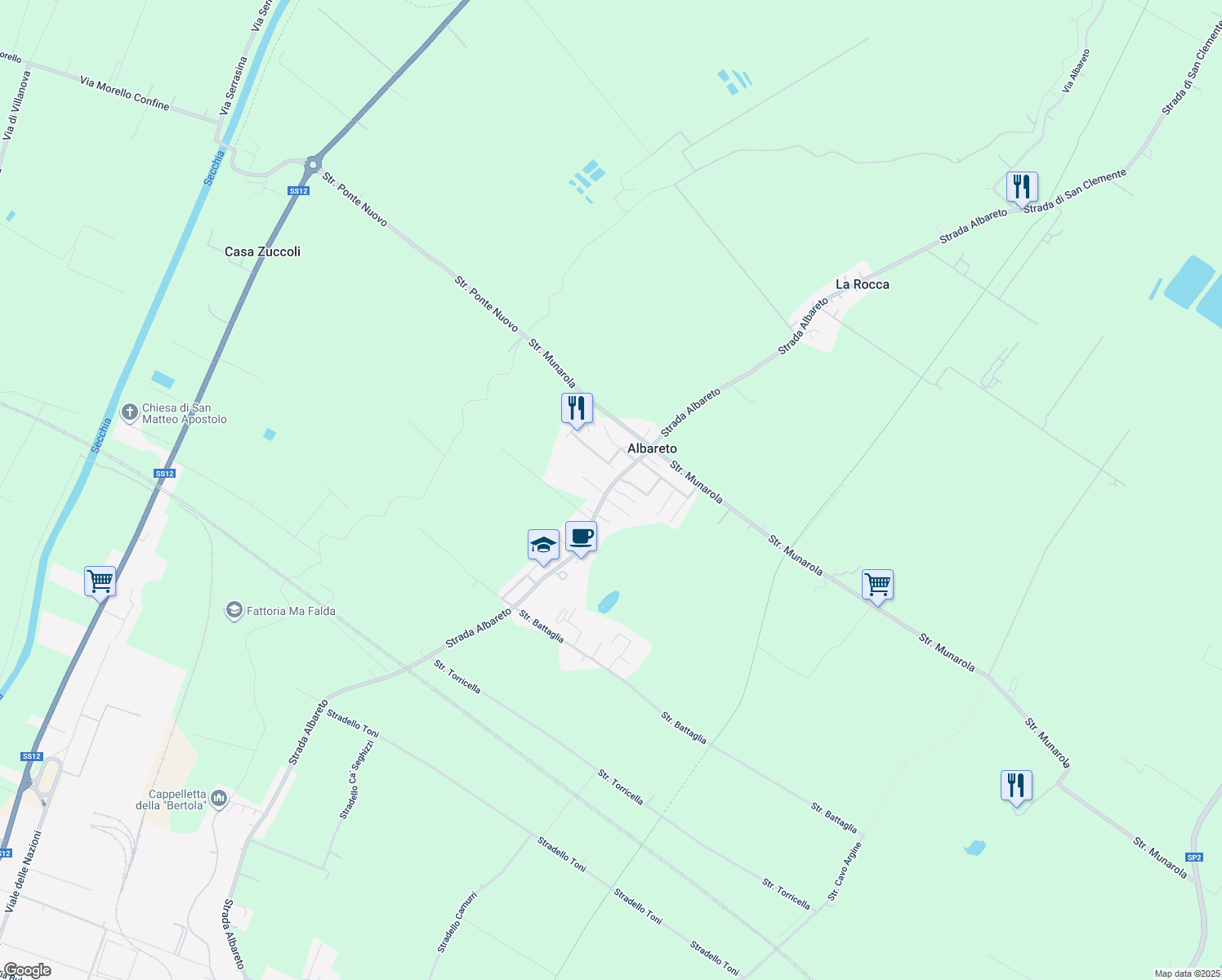 map of restaurants, bars, coffee shops, grocery stores, and more near 2-74 Via dell'Acero in Albareto