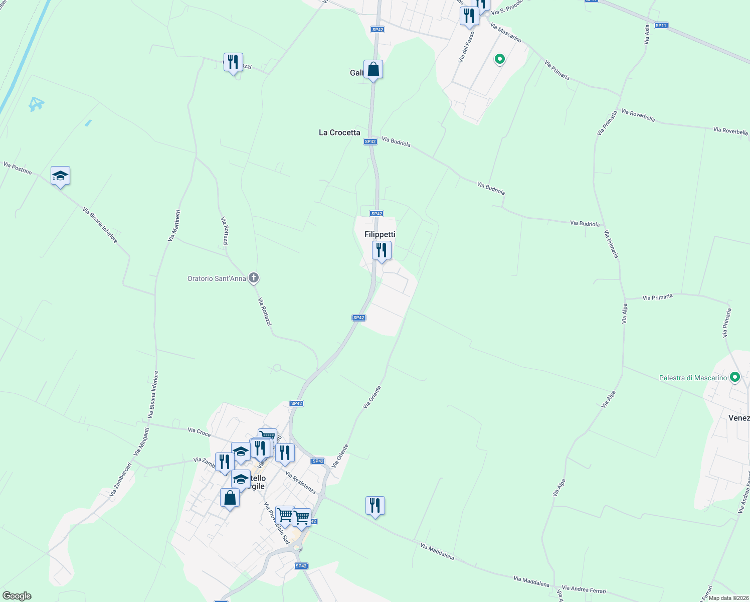 map of restaurants, bars, coffee shops, grocery stores, and more near 35 Via Provinciale Nord in Filippetti