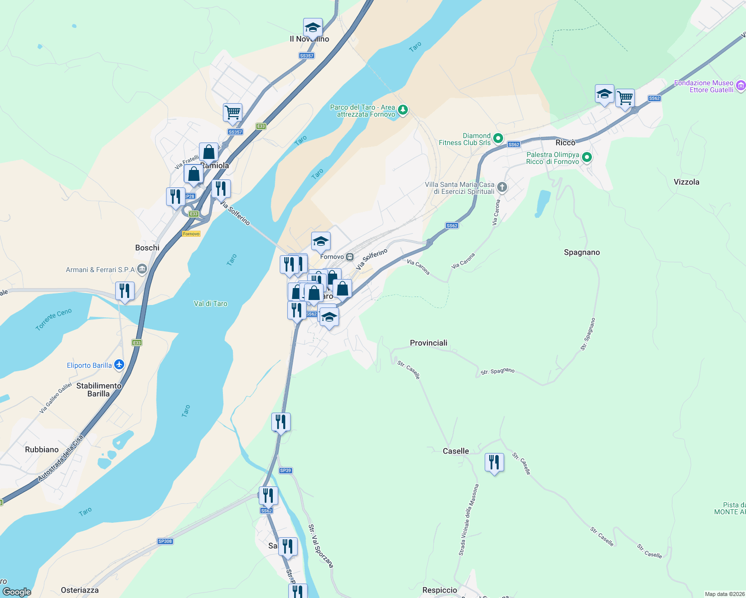 map of restaurants, bars, coffee shops, grocery stores, and more near 7 Via Partigiani D'Italia in Fornovo di Taro