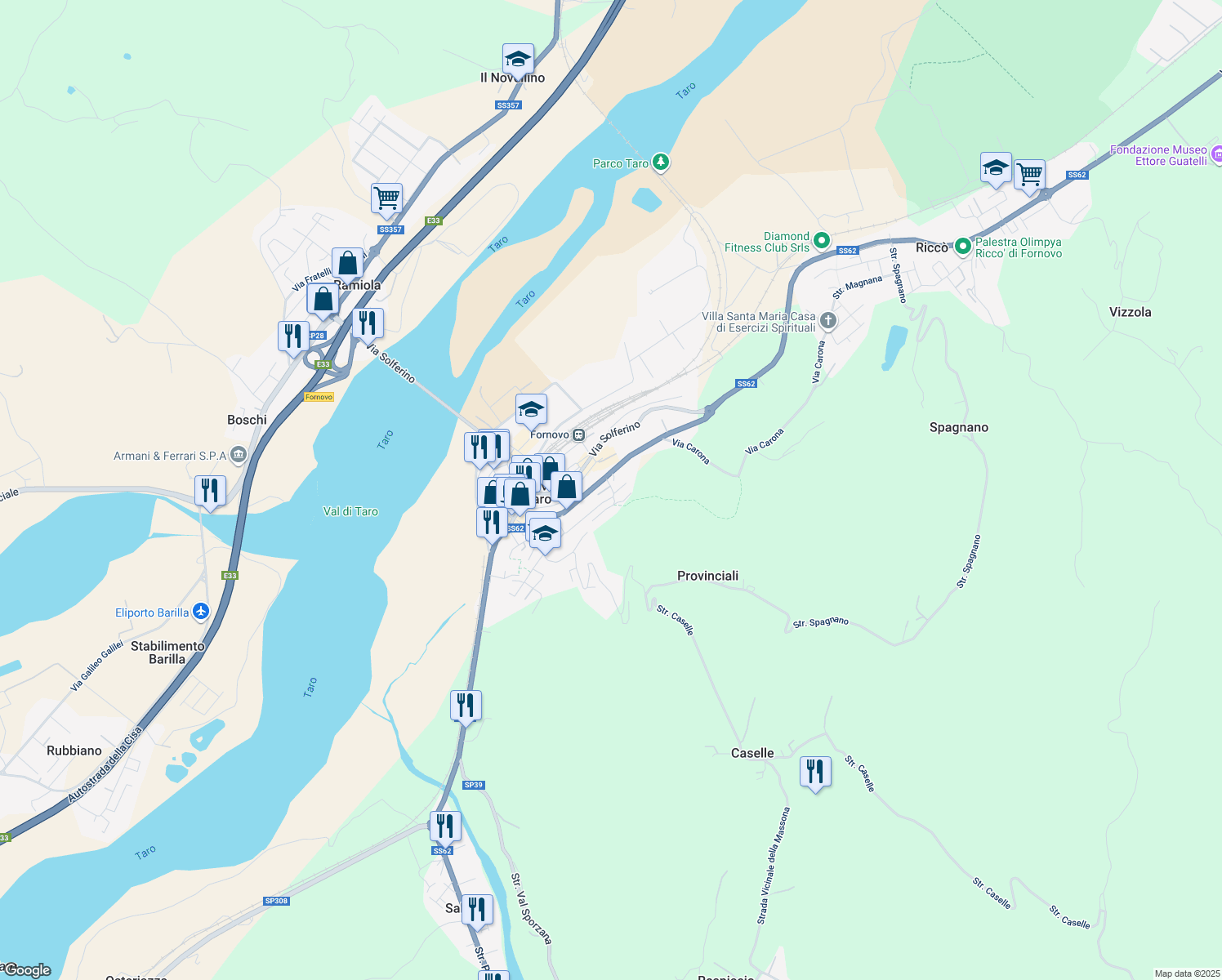 map of restaurants, bars, coffee shops, grocery stores, and more near 7 Via Partigiani D'Italia in Fornovo di Taro