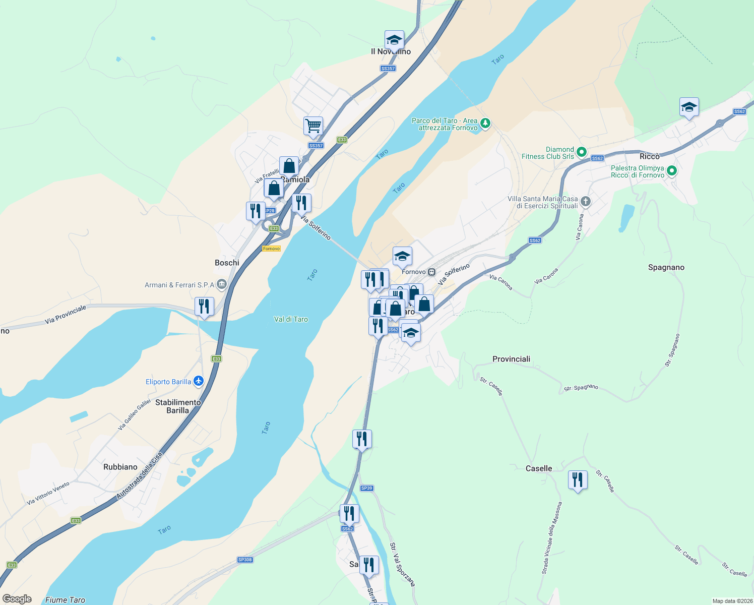map of restaurants, bars, coffee shops, grocery stores, and more near 6 Vicolo Alberto Lisoni in Fornovo di Taro