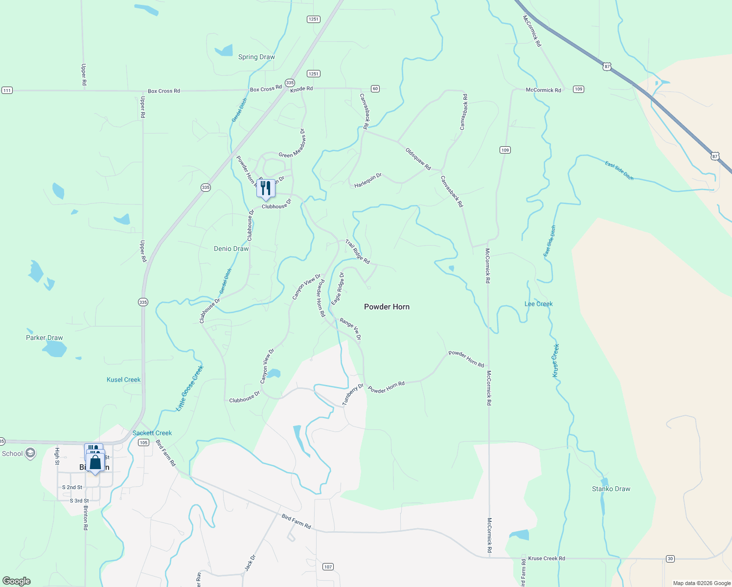 map of restaurants, bars, coffee shops, grocery stores, and more near 45 Eagle Ridge Dr in Sheridan