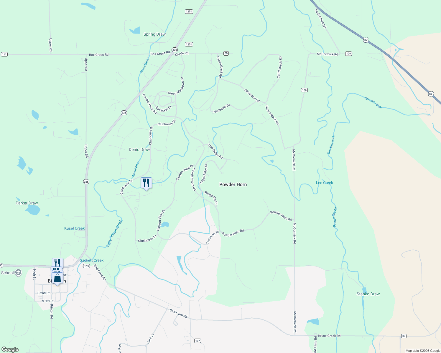 map of restaurants, bars, coffee shops, grocery stores, and more near 45 Eagle Ridge Dr in Sheridan