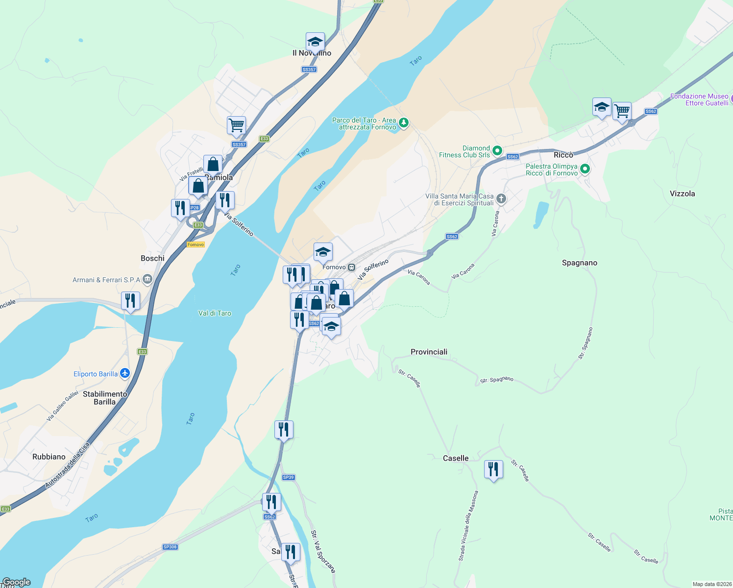 map of restaurants, bars, coffee shops, grocery stores, and more near Strada Statale 62 in Fornovo di Taro