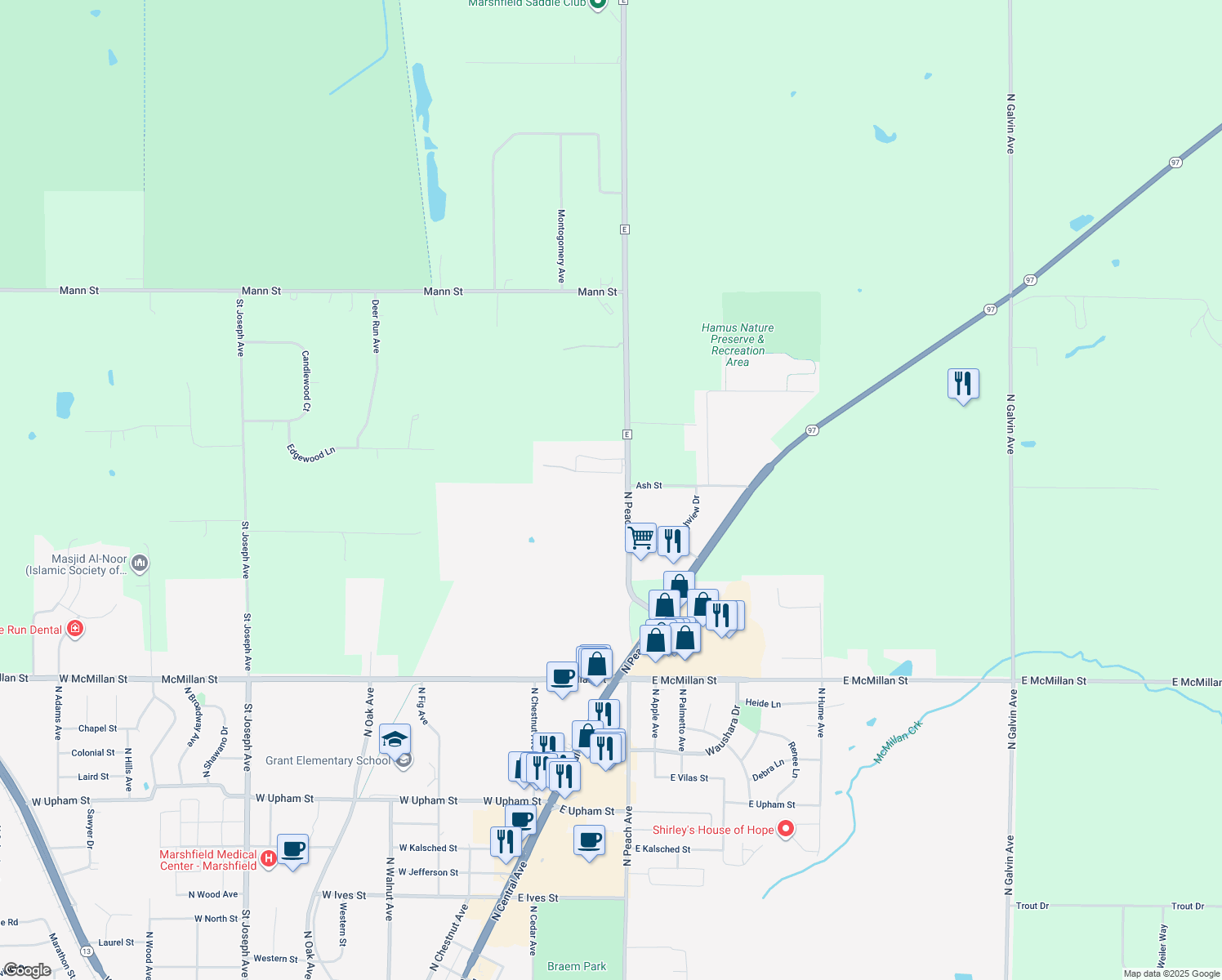 map of restaurants, bars, coffee shops, grocery stores, and more near 2306 North Peach Avenue in Marshfield