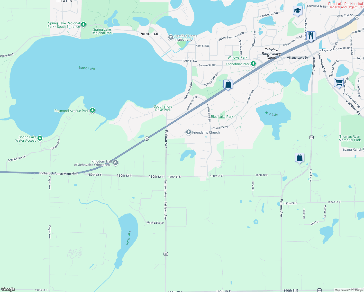 map of restaurants, bars, coffee shops, grocery stores, and more near 3131 Maple Drive in Prior Lake