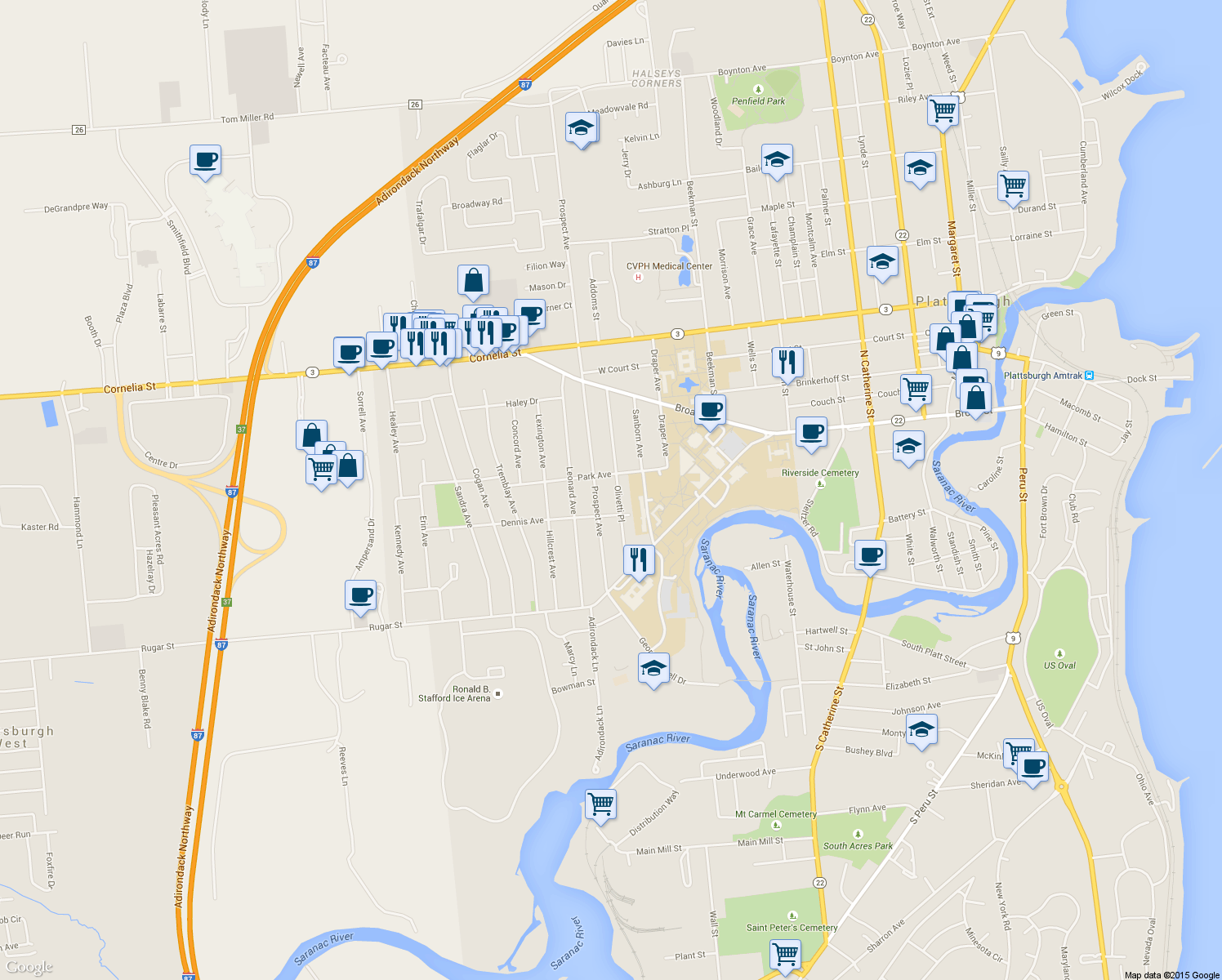 map of restaurants, bars, coffee shops, grocery stores, and more near 32 Olivetti Place in Plattsburgh