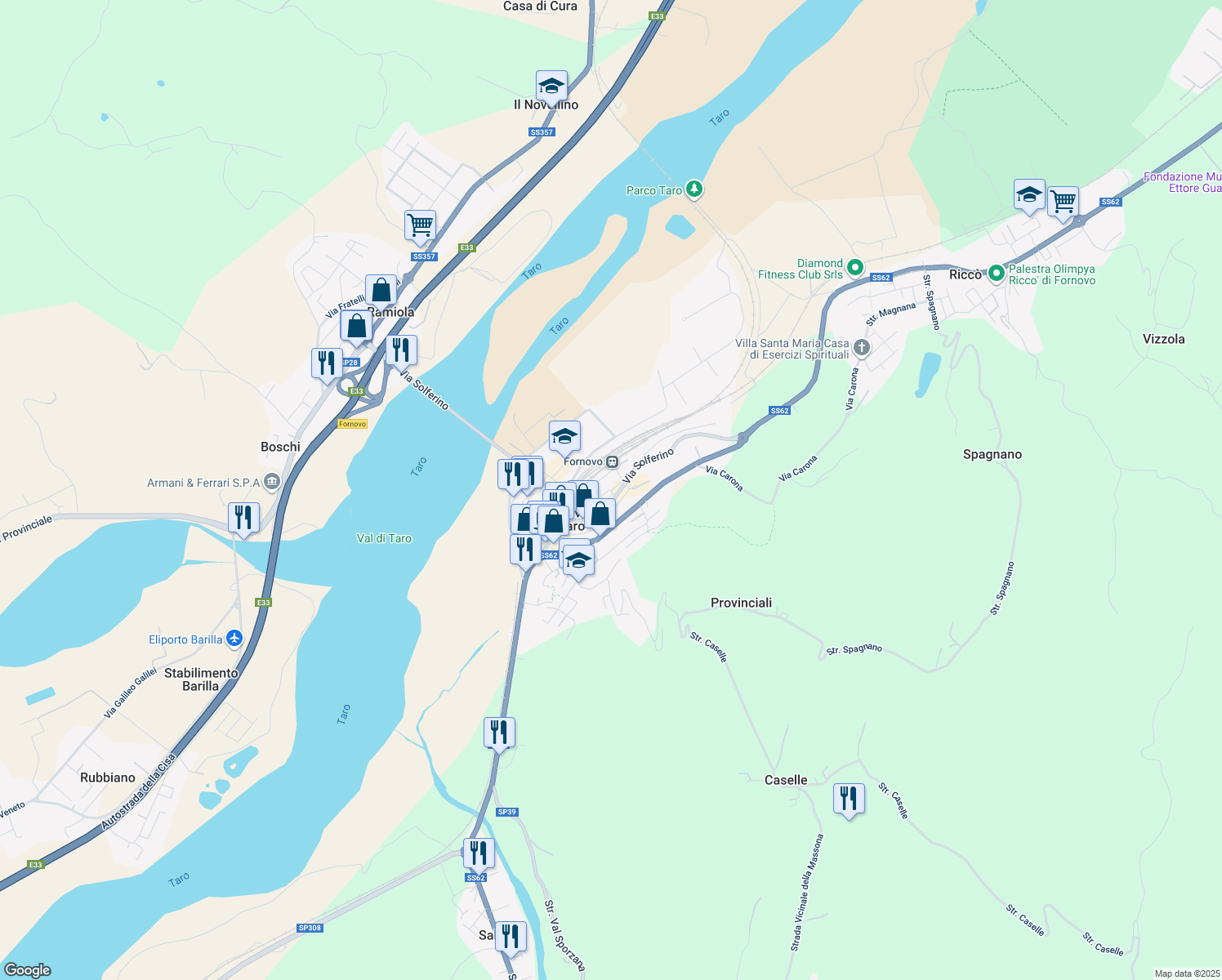 map of restaurants, bars, coffee shops, grocery stores, and more near 13 Via Giuseppe Verdi in Fornovo di Taro