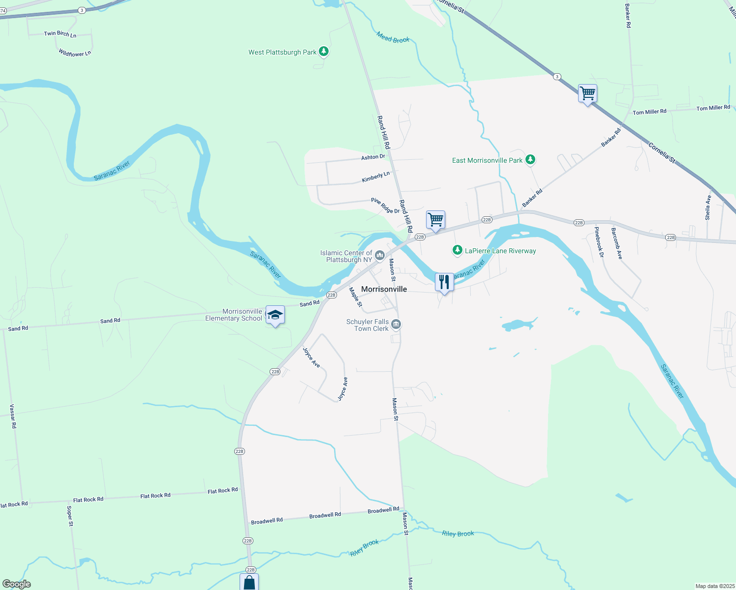 map of restaurants, bars, coffee shops, grocery stores, and more near 11 Church Street in Morrisonville