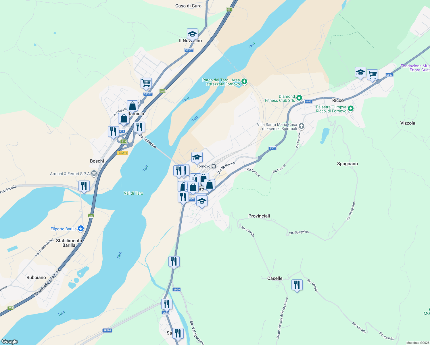map of restaurants, bars, coffee shops, grocery stores, and more near 13 Via Giuseppe Verdi in Fornovo di Taro