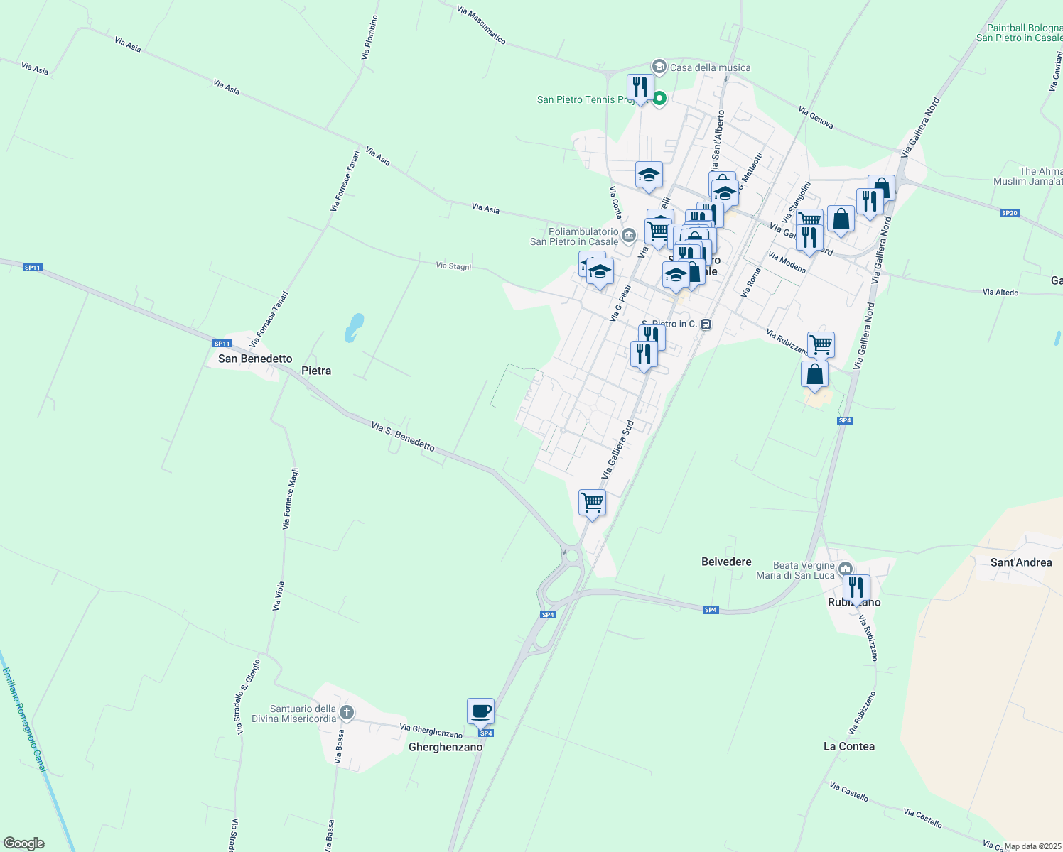 map of restaurants, bars, coffee shops, grocery stores, and more near 151 Via San Alberto in Città Metropolitana di Bologna