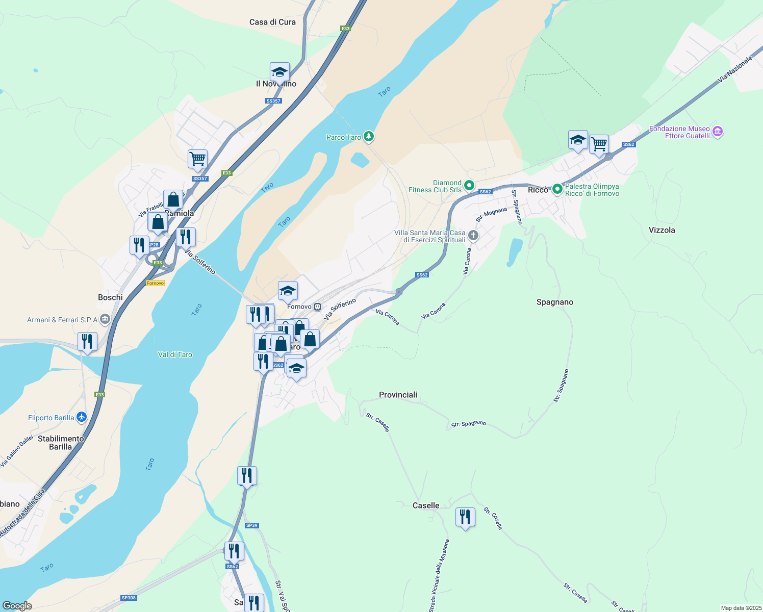 map of restaurants, bars, coffee shops, grocery stores, and more near 7 Via Nazionale in Fornovo di Taro
