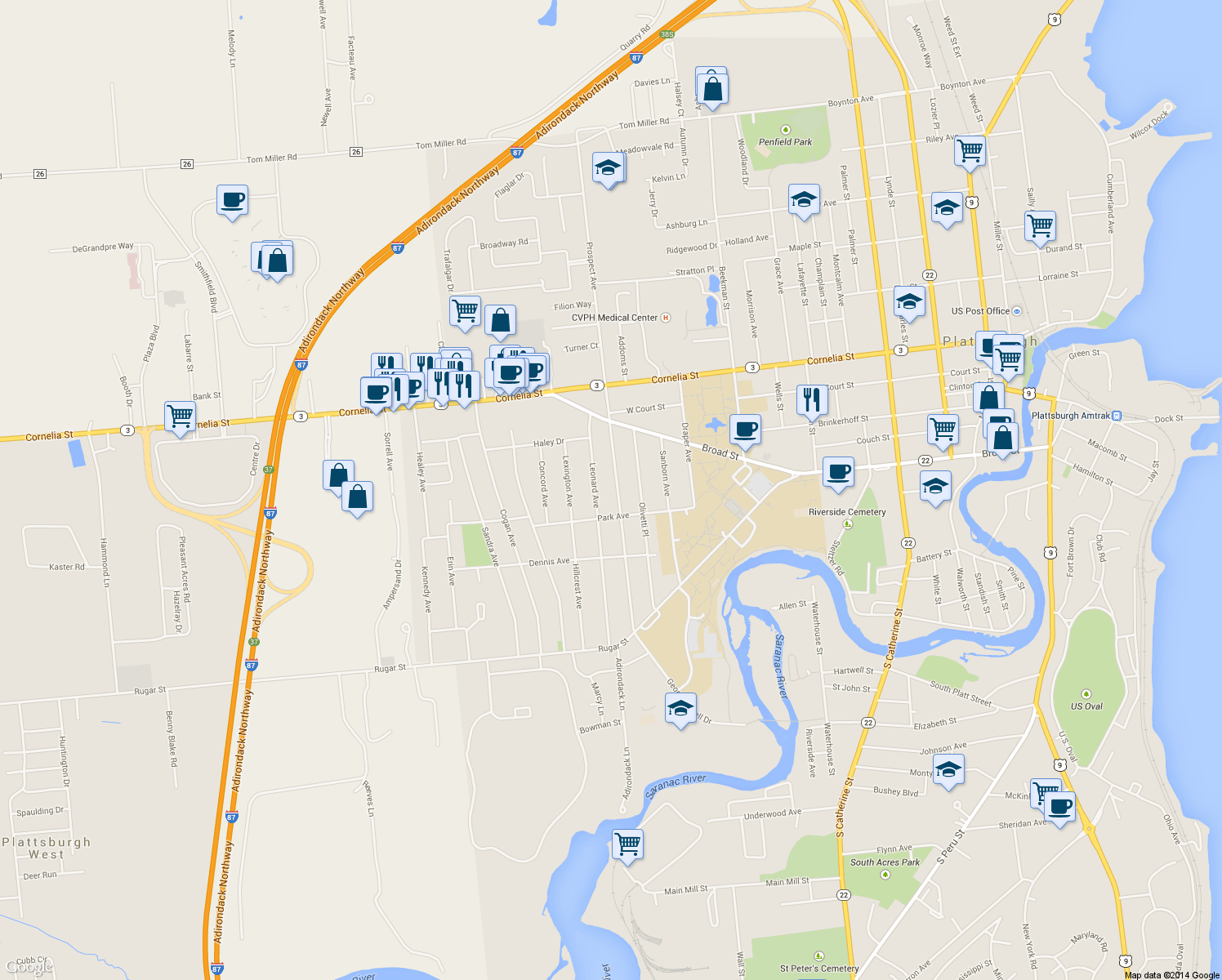 map of restaurants, bars, coffee shops, grocery stores, and more near 57 Prospect Ave in Plattsburgh
