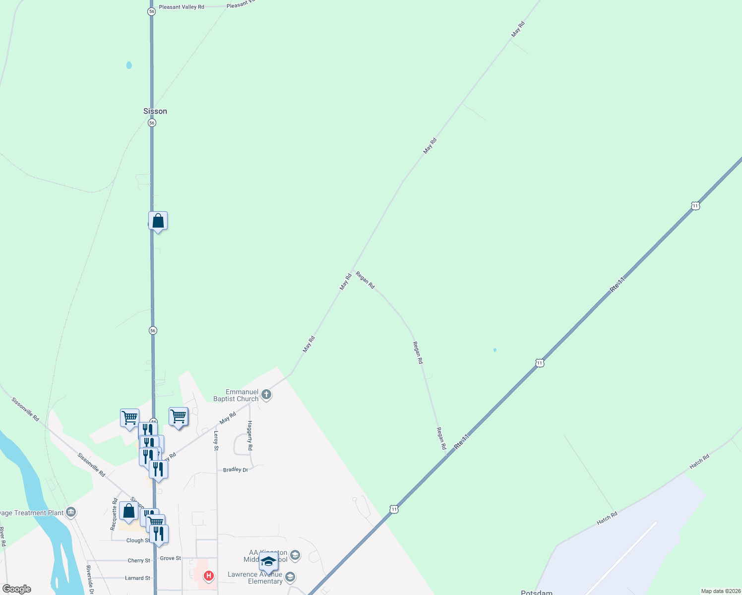 map of restaurants, bars, coffee shops, grocery stores, and more near 161 Regan Rd in Potsdam