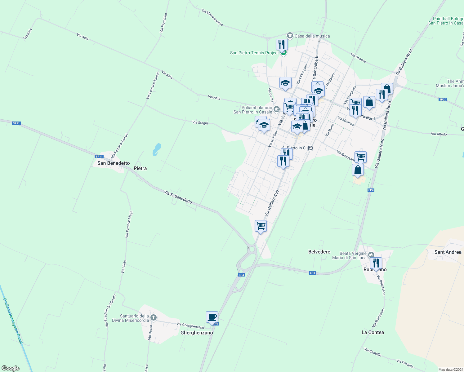 map of restaurants, bars, coffee shops, grocery stores, and more near 151 Via San Alberto in Città Metropolitana di Bologna