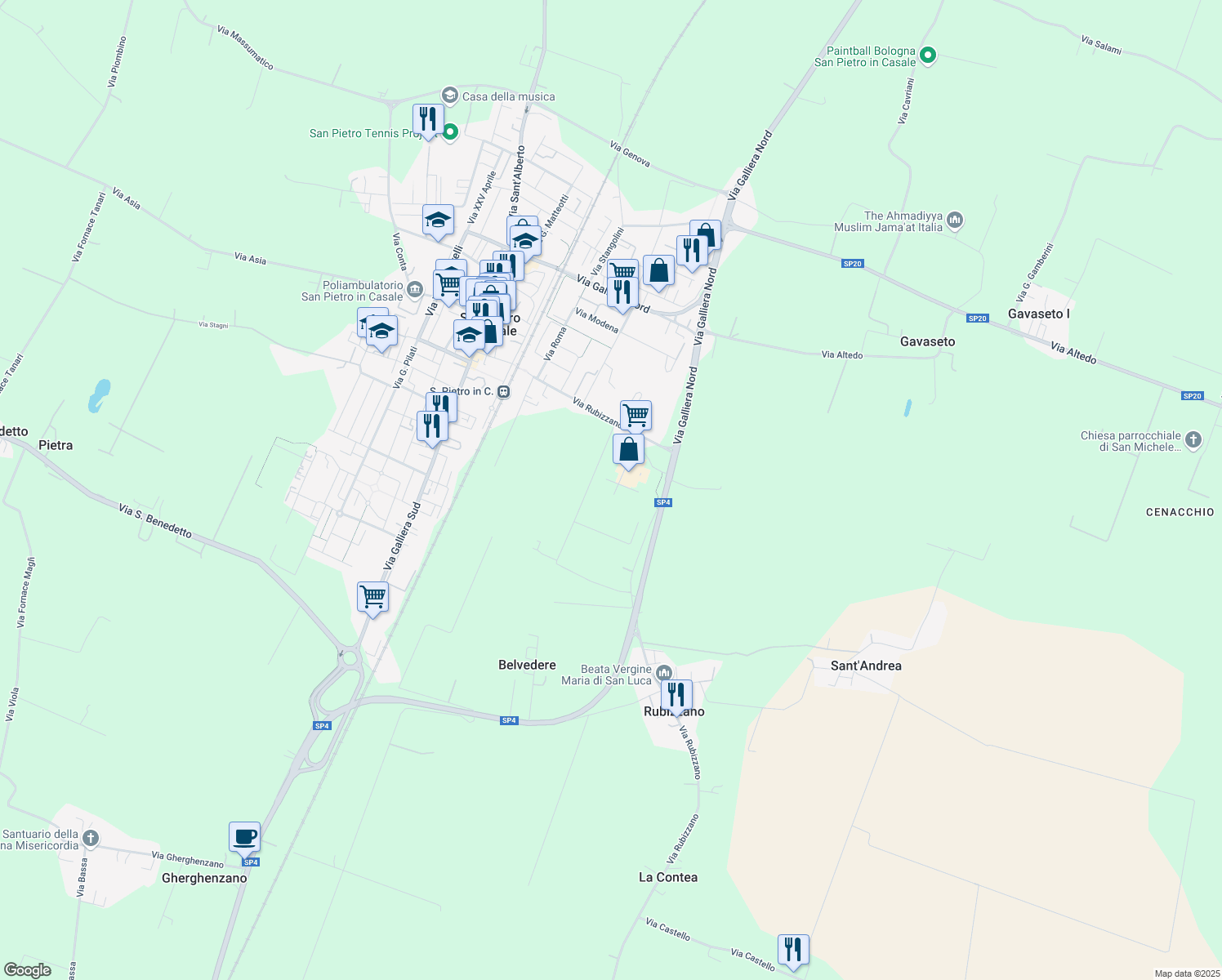 map of restaurants, bars, coffee shops, grocery stores, and more near 374 Via Ravenna in Città Metropolitana di Bologna