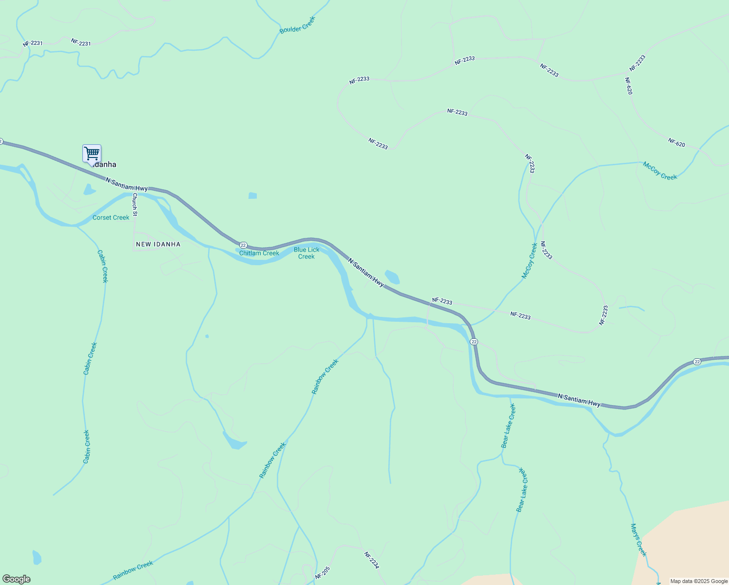 map of restaurants, bars, coffee shops, grocery stores, and more near 49770 North Santiam Highway in Idanha
