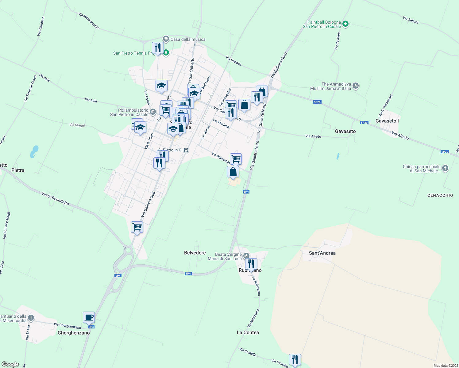 map of restaurants, bars, coffee shops, grocery stores, and more near 374 Via Ravenna in Città Metropolitana di Bologna