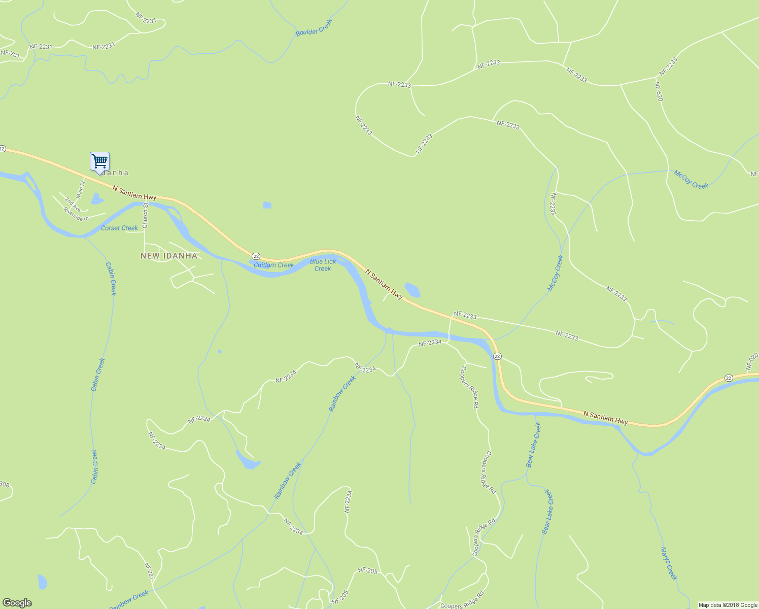 map of restaurants, bars, coffee shops, grocery stores, and more near 49770 North Santiam Highway in Idanha