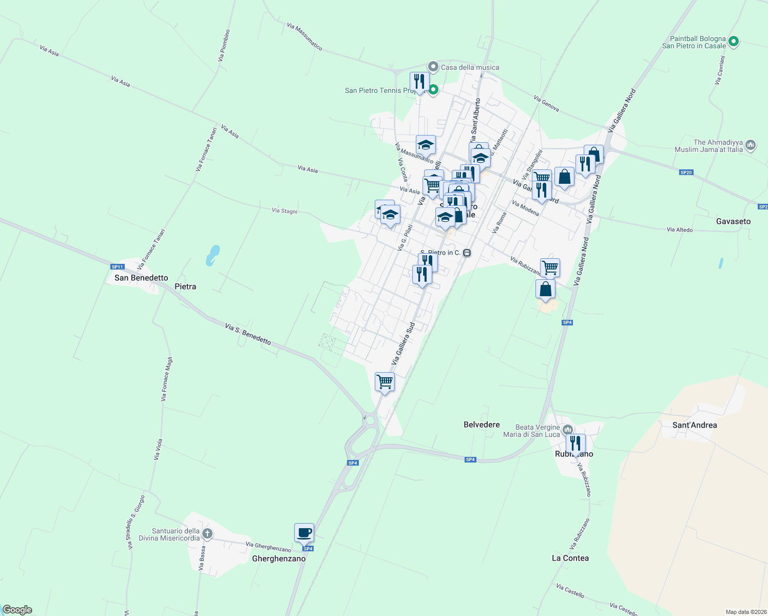 map of restaurants, bars, coffee shops, grocery stores, and more near 102 Via Sandro Pertini in San Pietro In Casale
